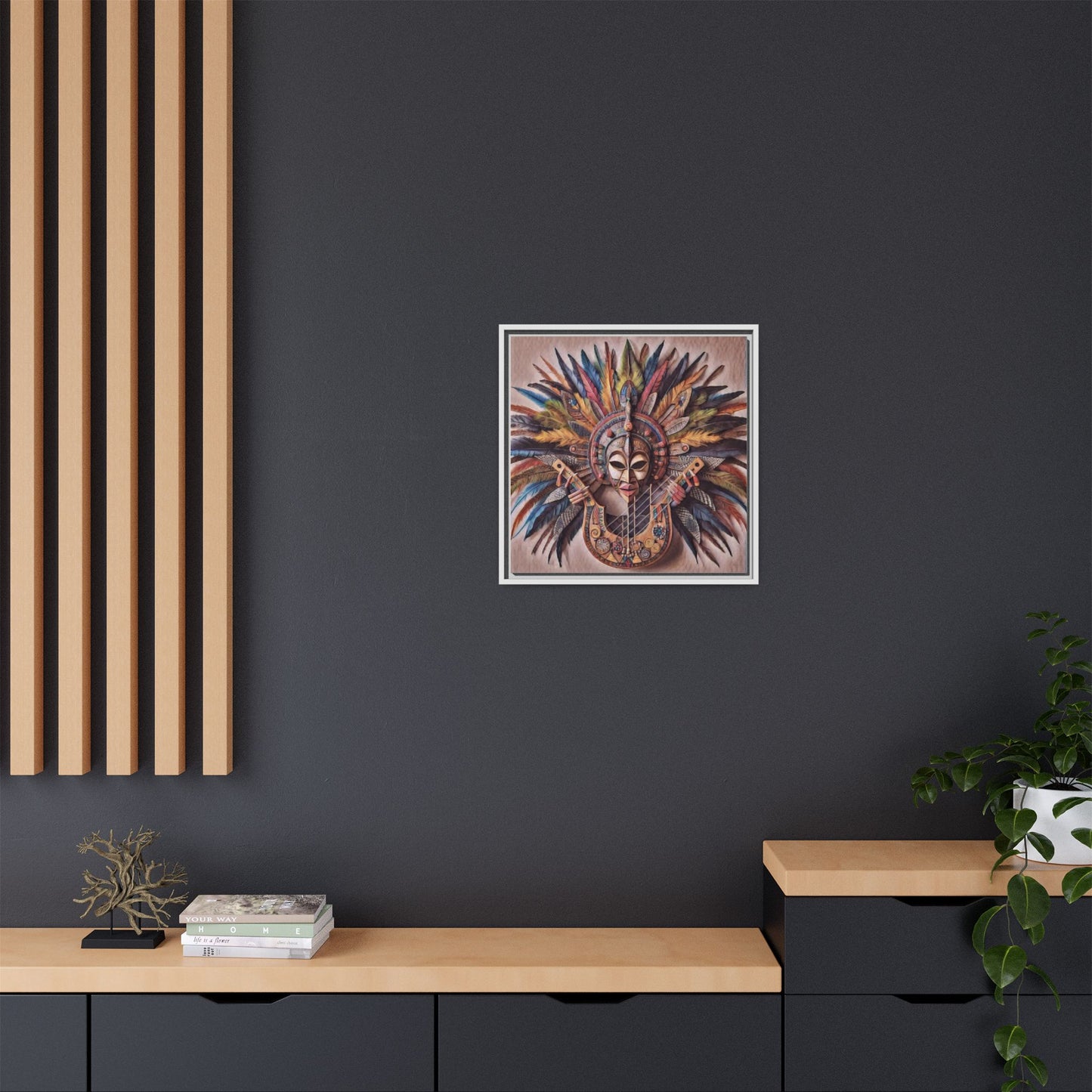 Tribal Feather Mask Guitar Framed Canvas Art — Colorful Boho Wall Decor