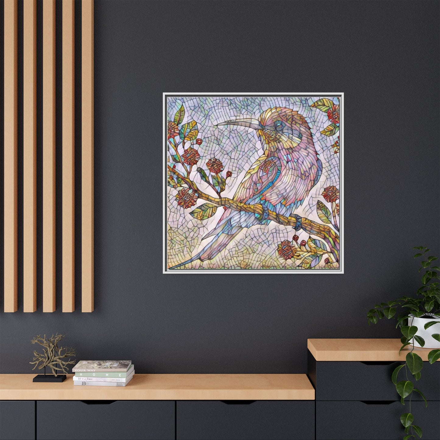 Framed Mosaic Bird Art Print — Colorful Kookaburra Wall Canvas