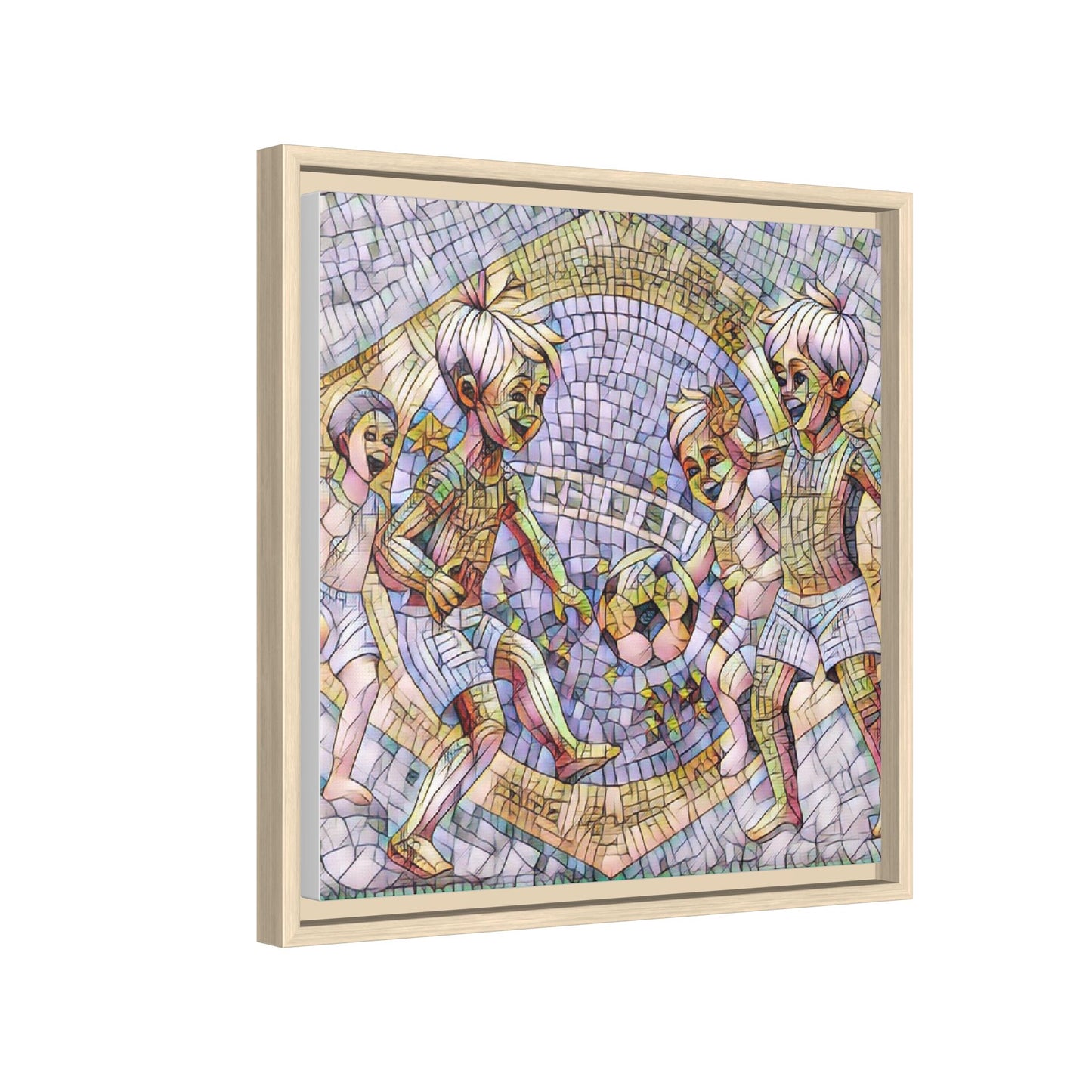 Framed Matte Canvas – Vintage Mosaic Kids Playing Soccer Art