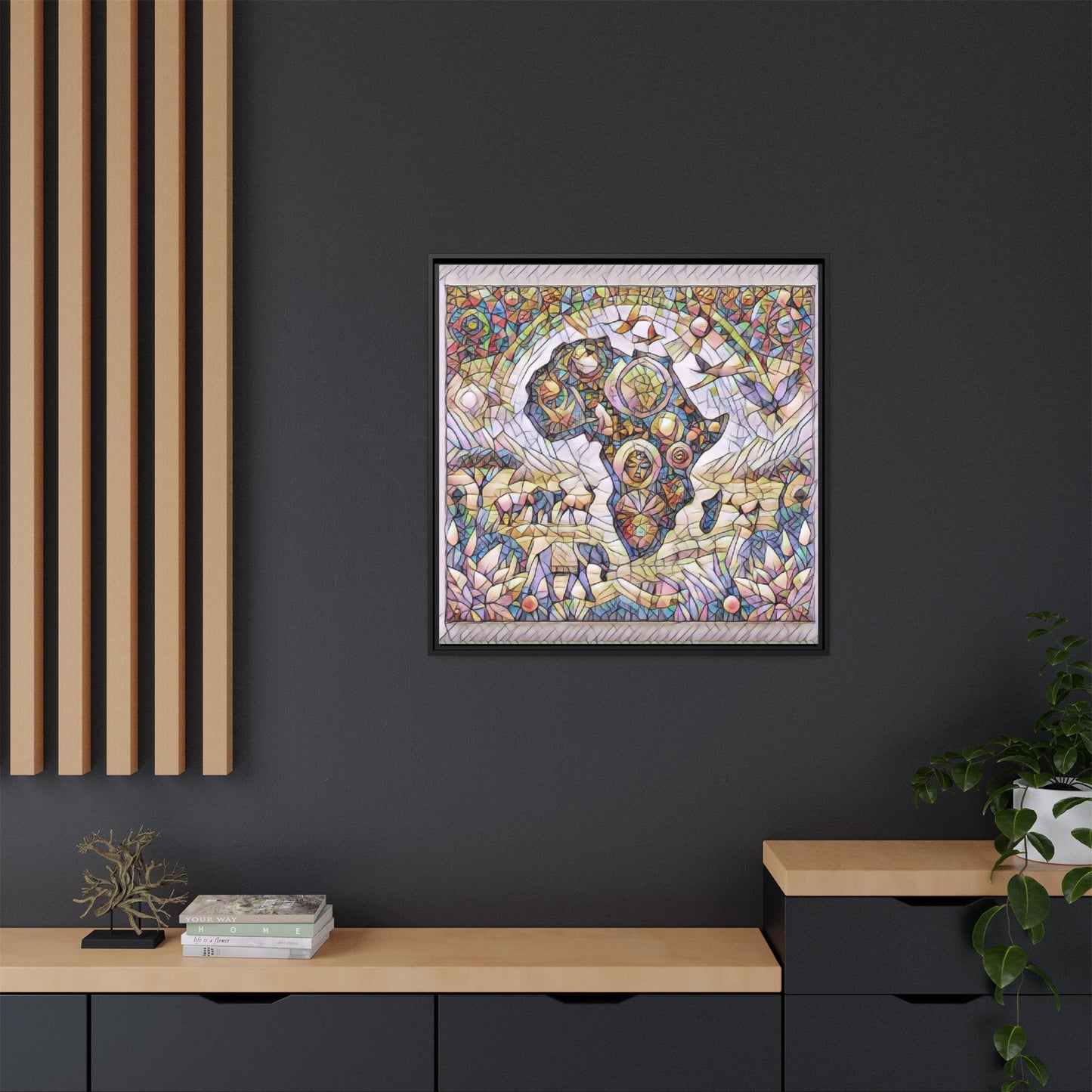 Abstract Mosaic Africa Framed Canvas — Colorful Stained-Glass Wall Art