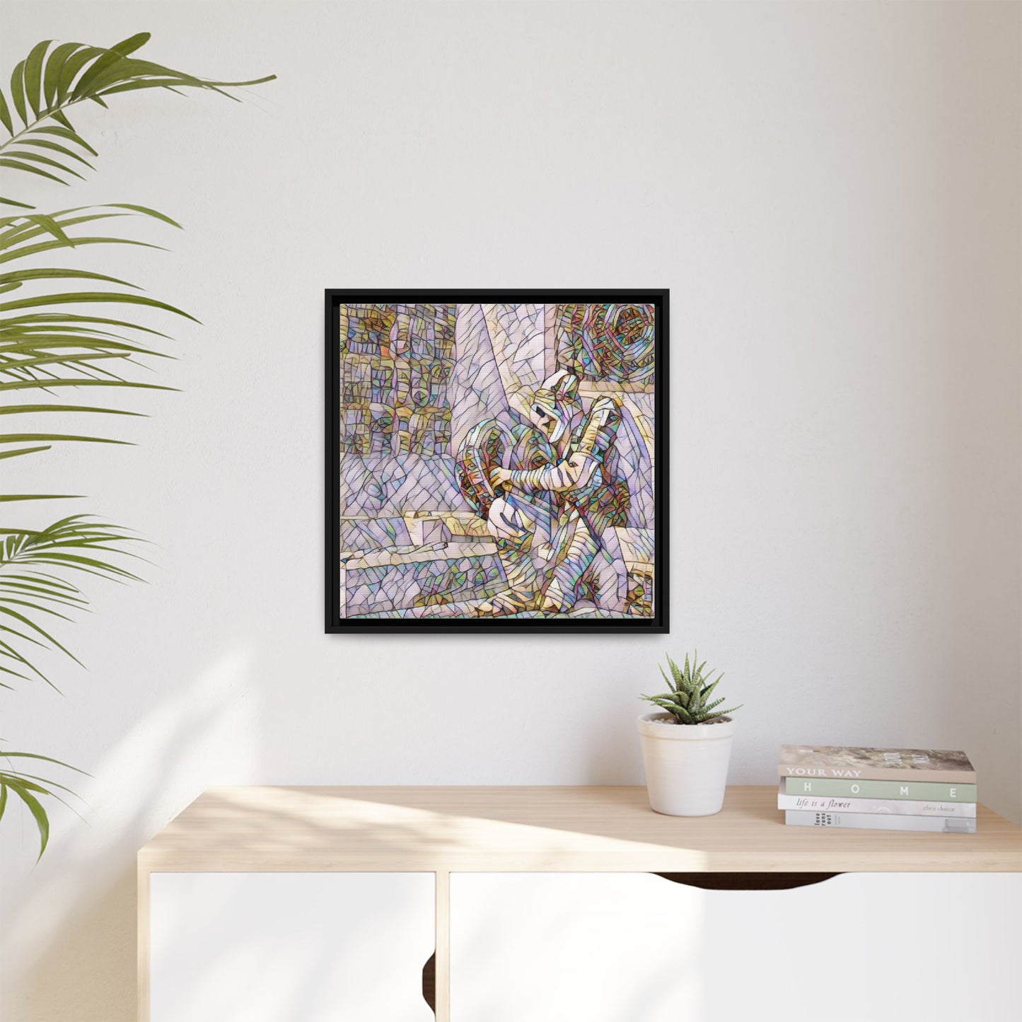 Framed Matte Canvas Art — Colorful Stained-Glass Astronaut Embrace