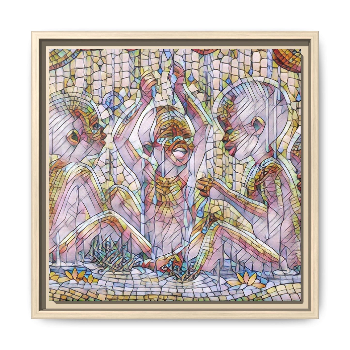 Framed Matte Canvas Art — Mosaic Children Playing (Multicolor)