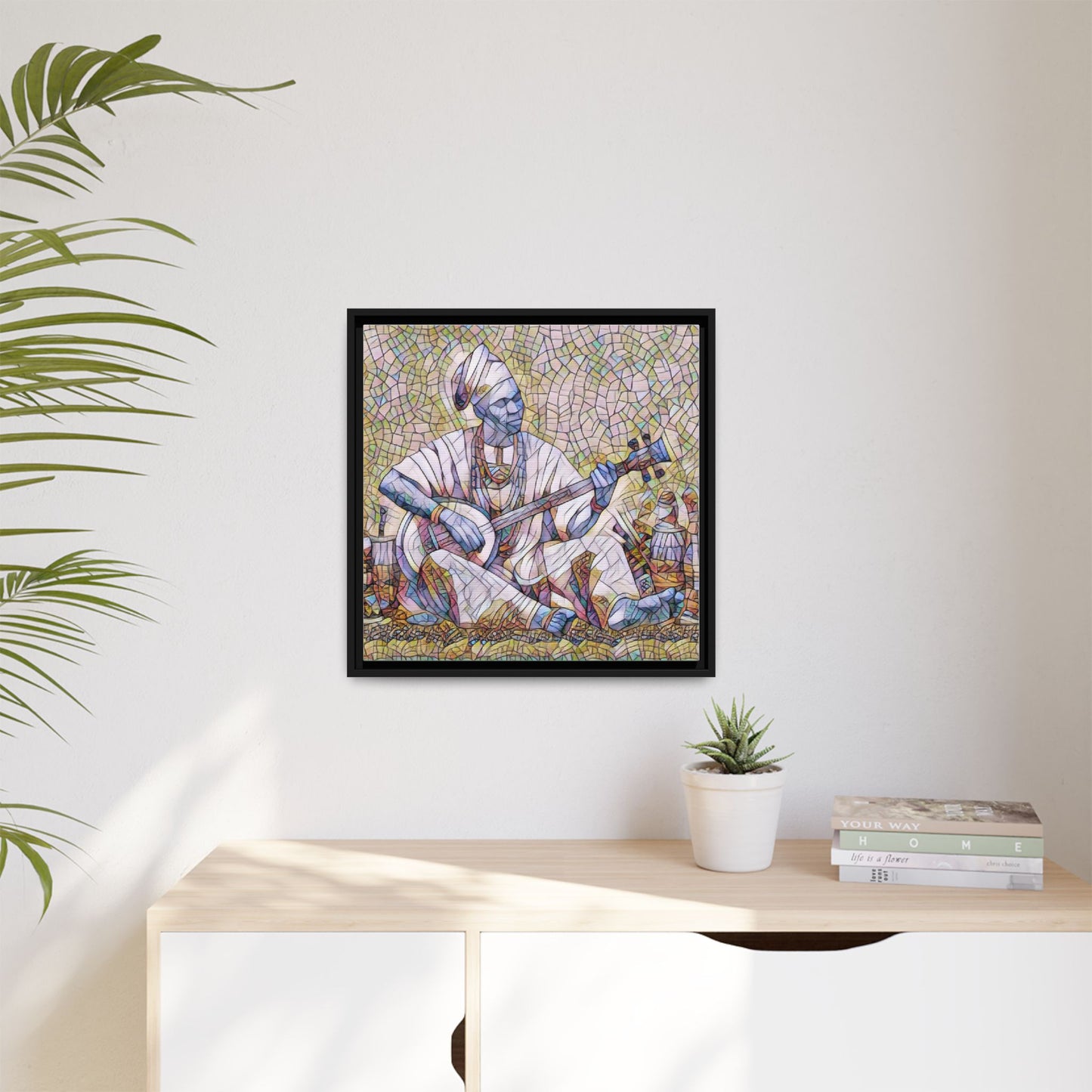 Framed Mosaic Musician Canvas Art — African Griot with Kora