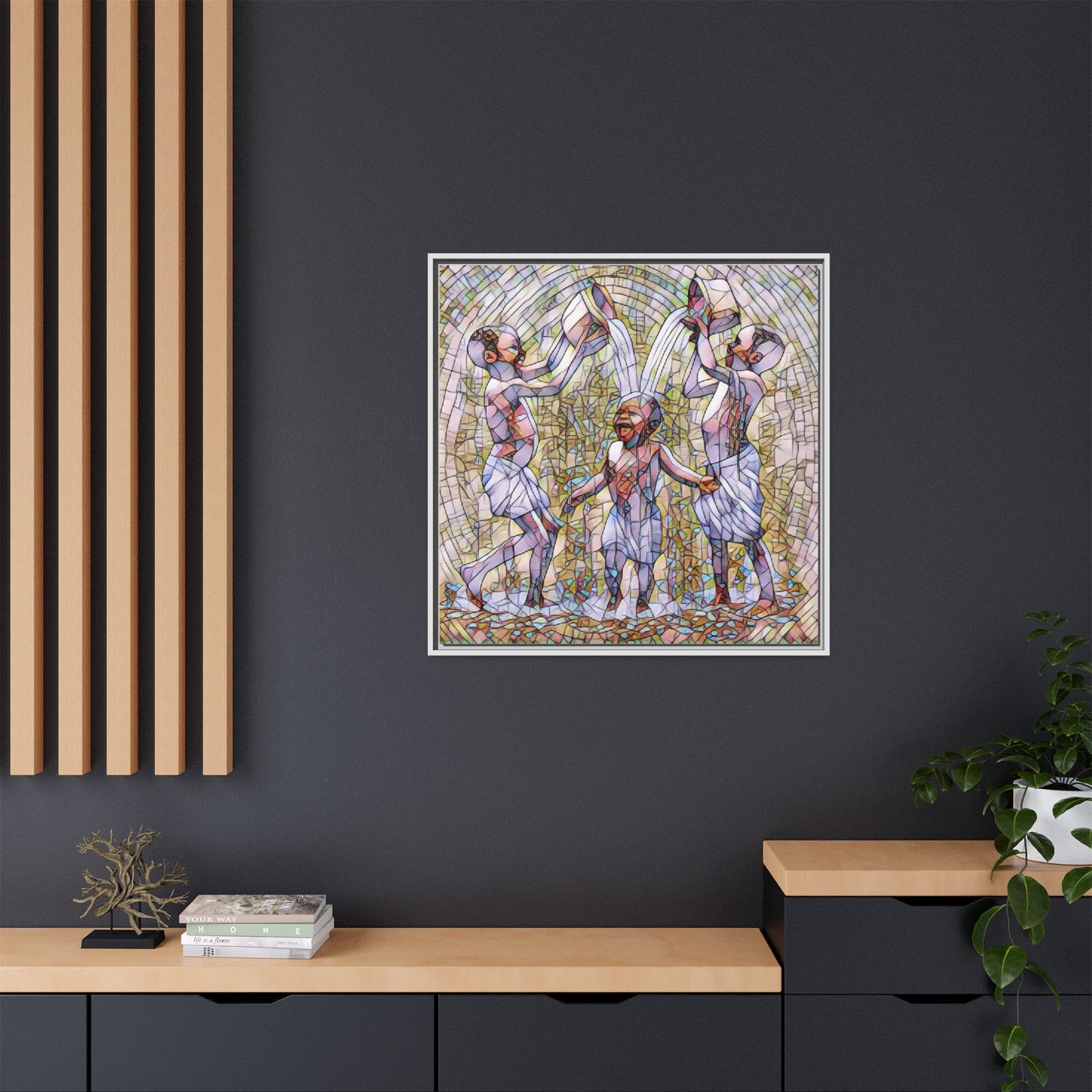 Framed Matte Canvas Art – Joyful Water Dance Family Stained-Glass Print