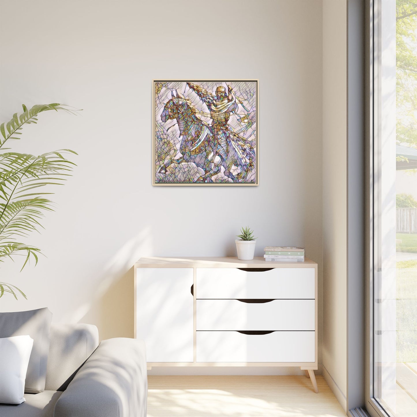 Framed Matte Canvas Print — Stained Glass Knight on Horse Artwork