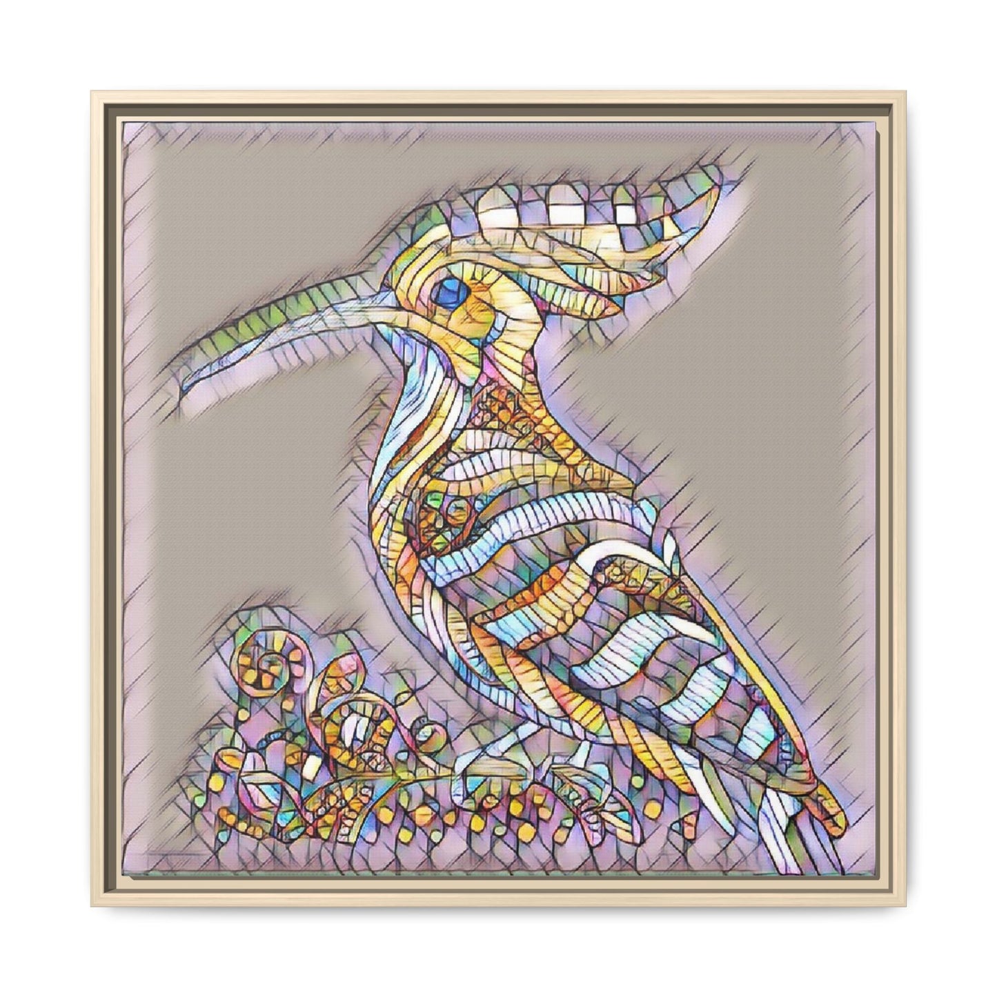 Colorful Mosaic Bird Framed Canvas Art — Whimsical Hoopoe Wall Decor