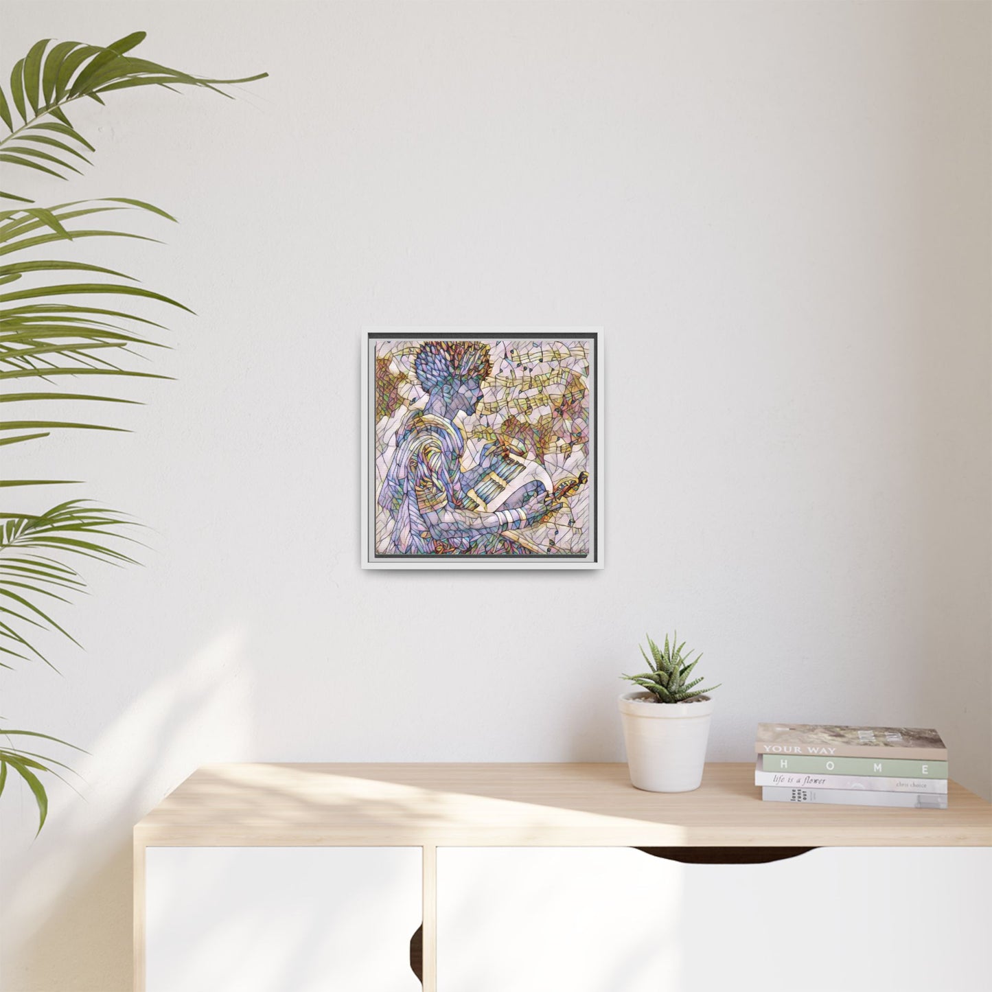 Abstract Jazz Musician Framed Canvas Art — Colorful Stained-Glass Style Wall Decor