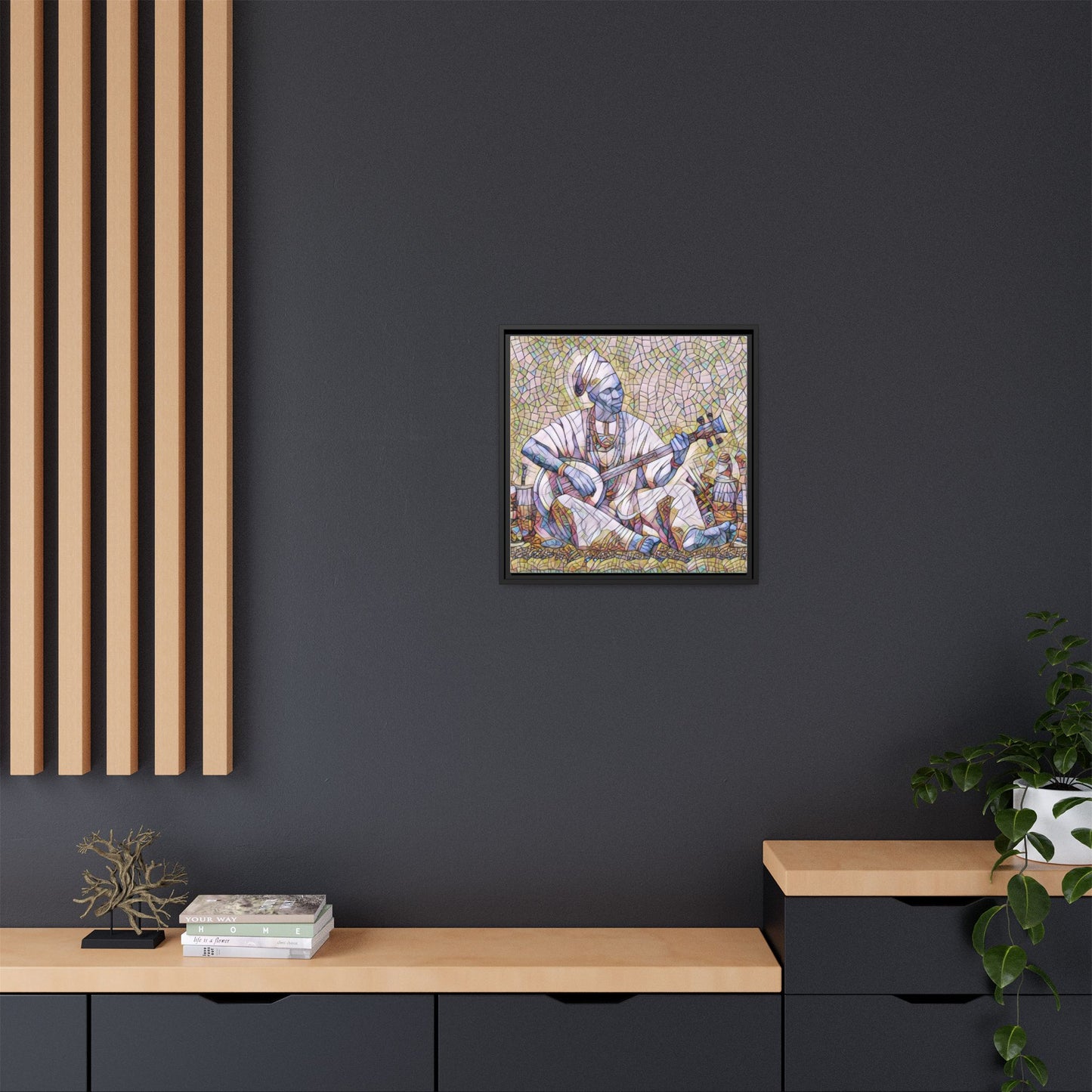 Framed Mosaic Musician Canvas Art — African Griot with Kora