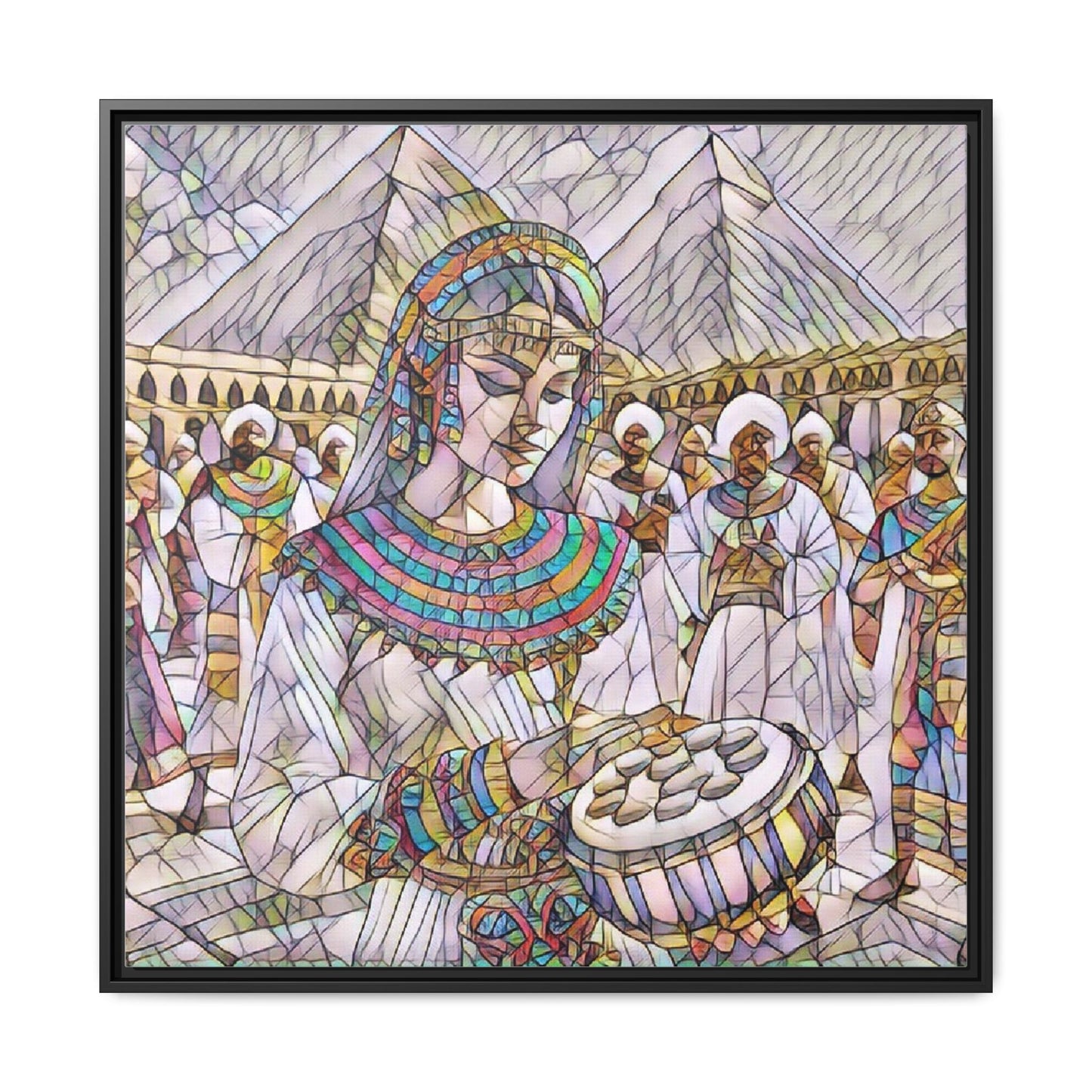 Egyptian Drum Player Framed Canvas Art — Colorful Ancient Scene Wall Decor
