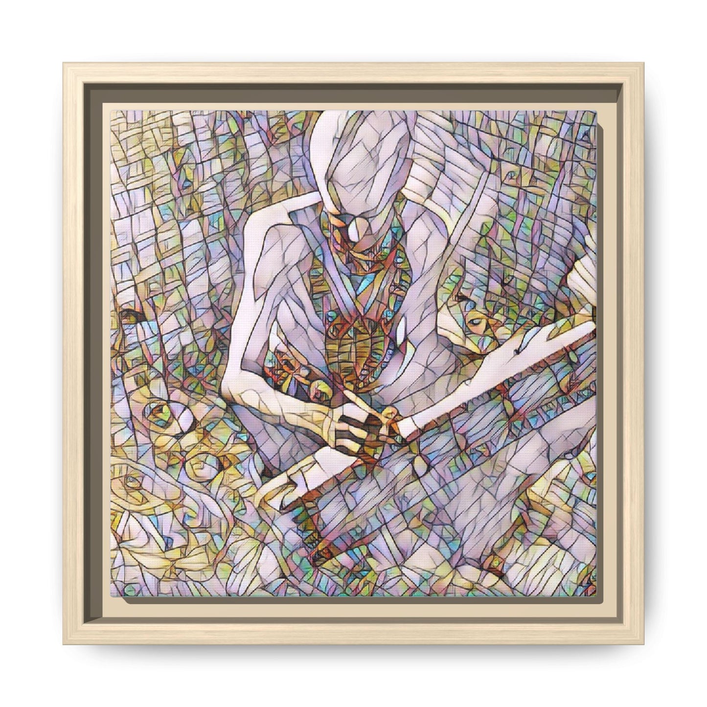 Abstract Fantasy Warrior Matte Framed Canvas — Colorful Stained-Glass Style Art