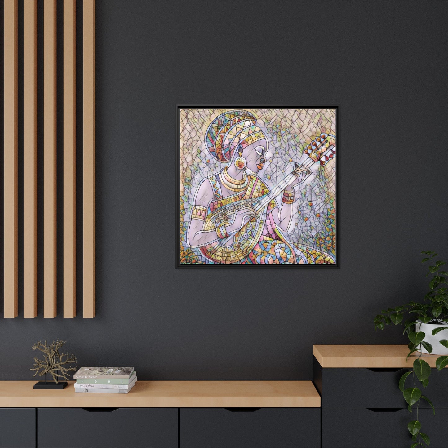 Framed Canvas Art — Colorful African Woman Playing Lute (Matte Multi‑Color)