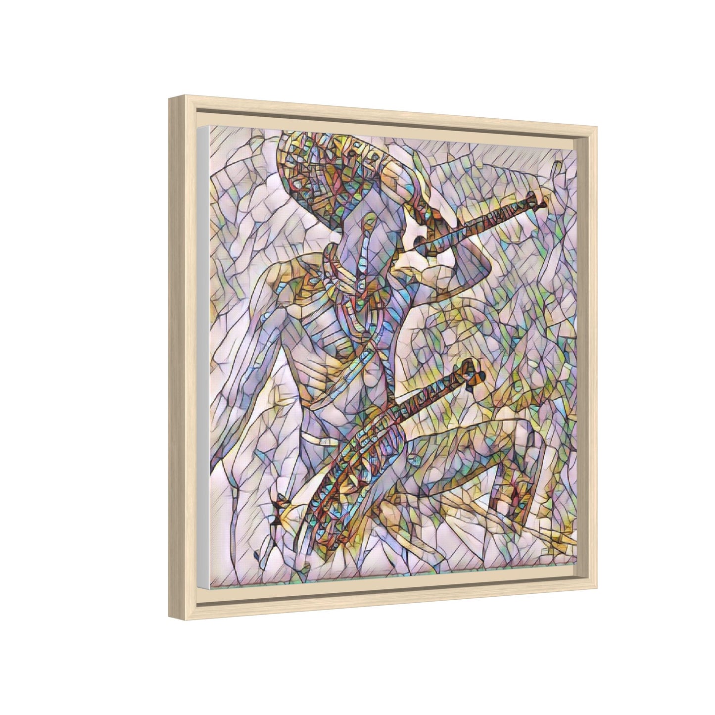Stained Glass Blue Musician — Framed Matte Canvas Art