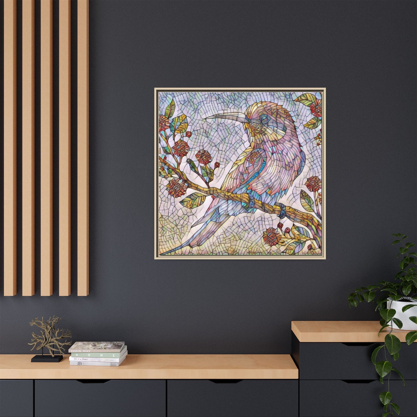 Framed Mosaic Bird Art Print — Colorful Kookaburra Wall Canvas