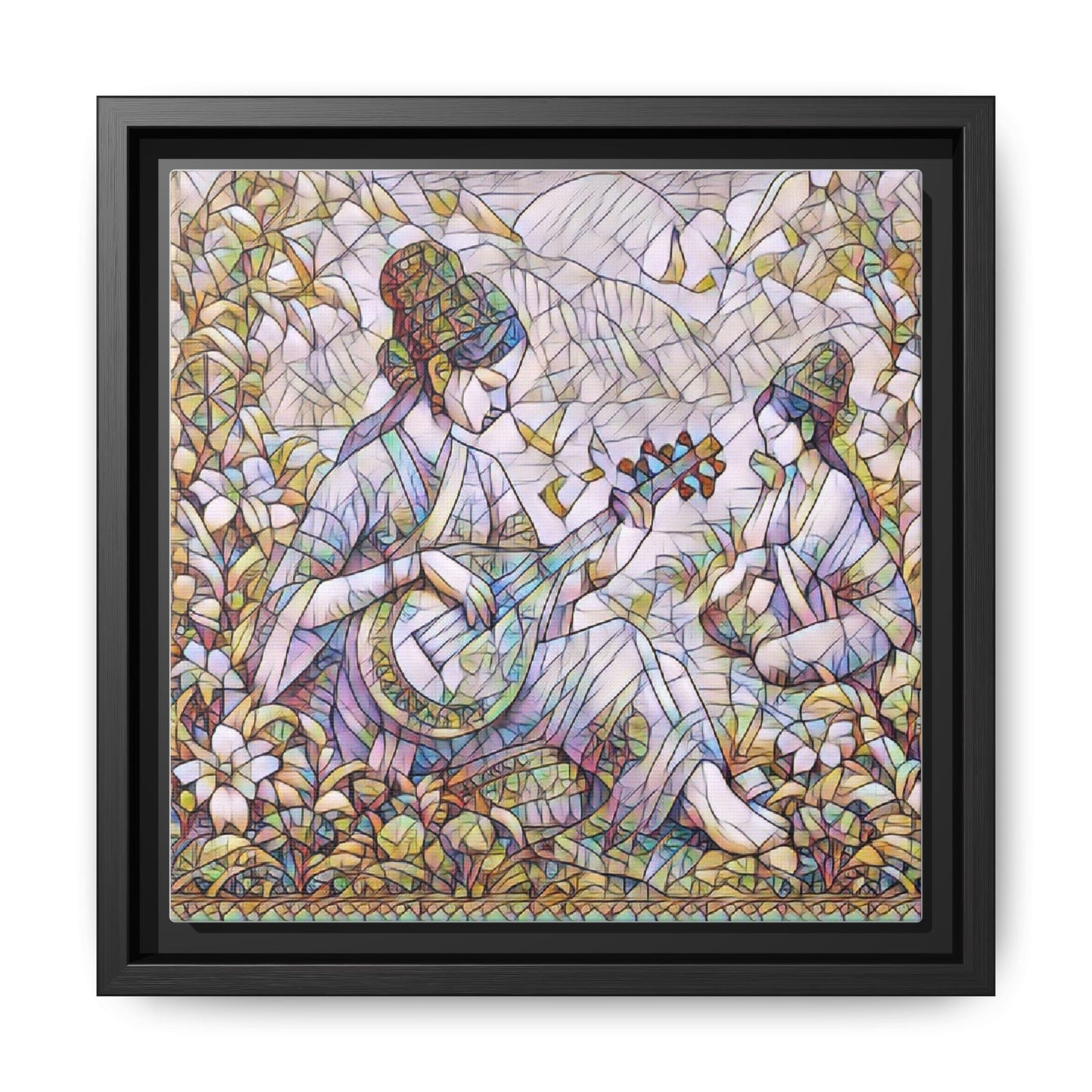 Framed Matte Canvas Art - Vintage Asian Musicians Floral Illustration