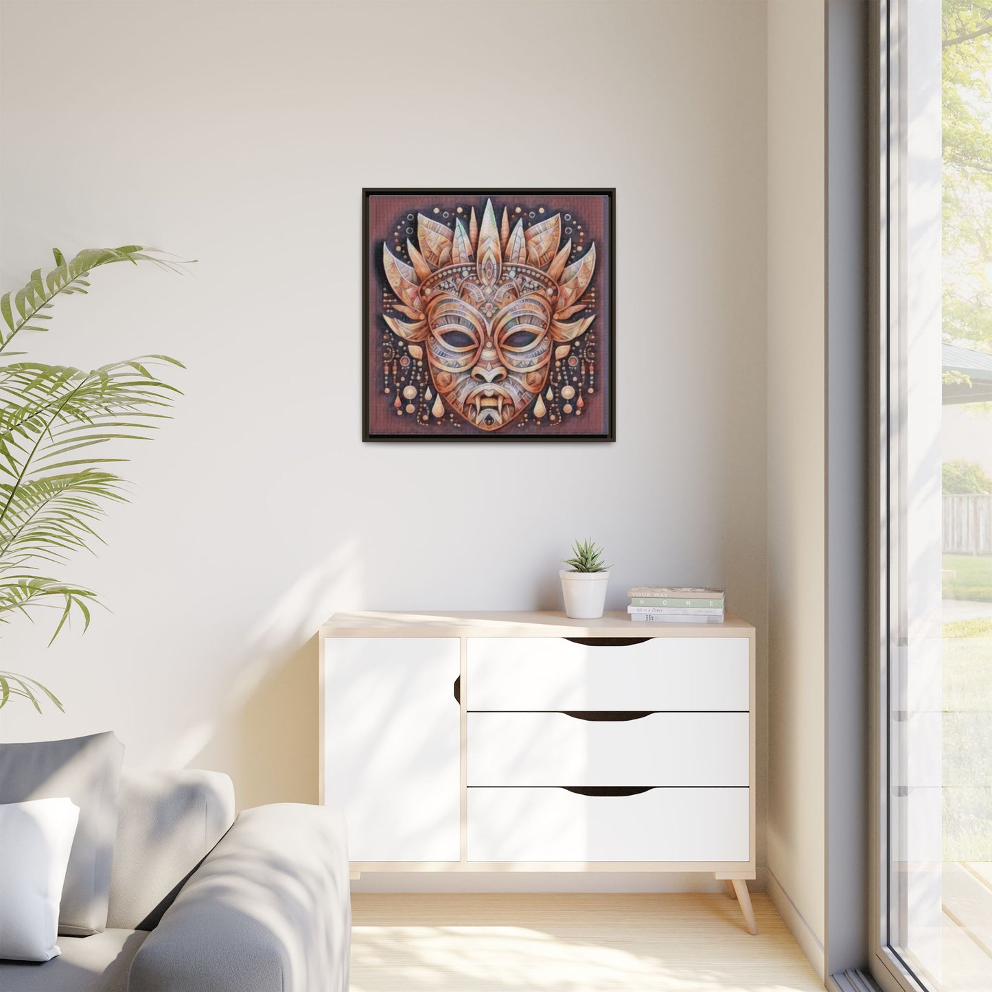 Tribal Sun Mask Framed Canvas Art — Boho Ethnic Wall Decor
