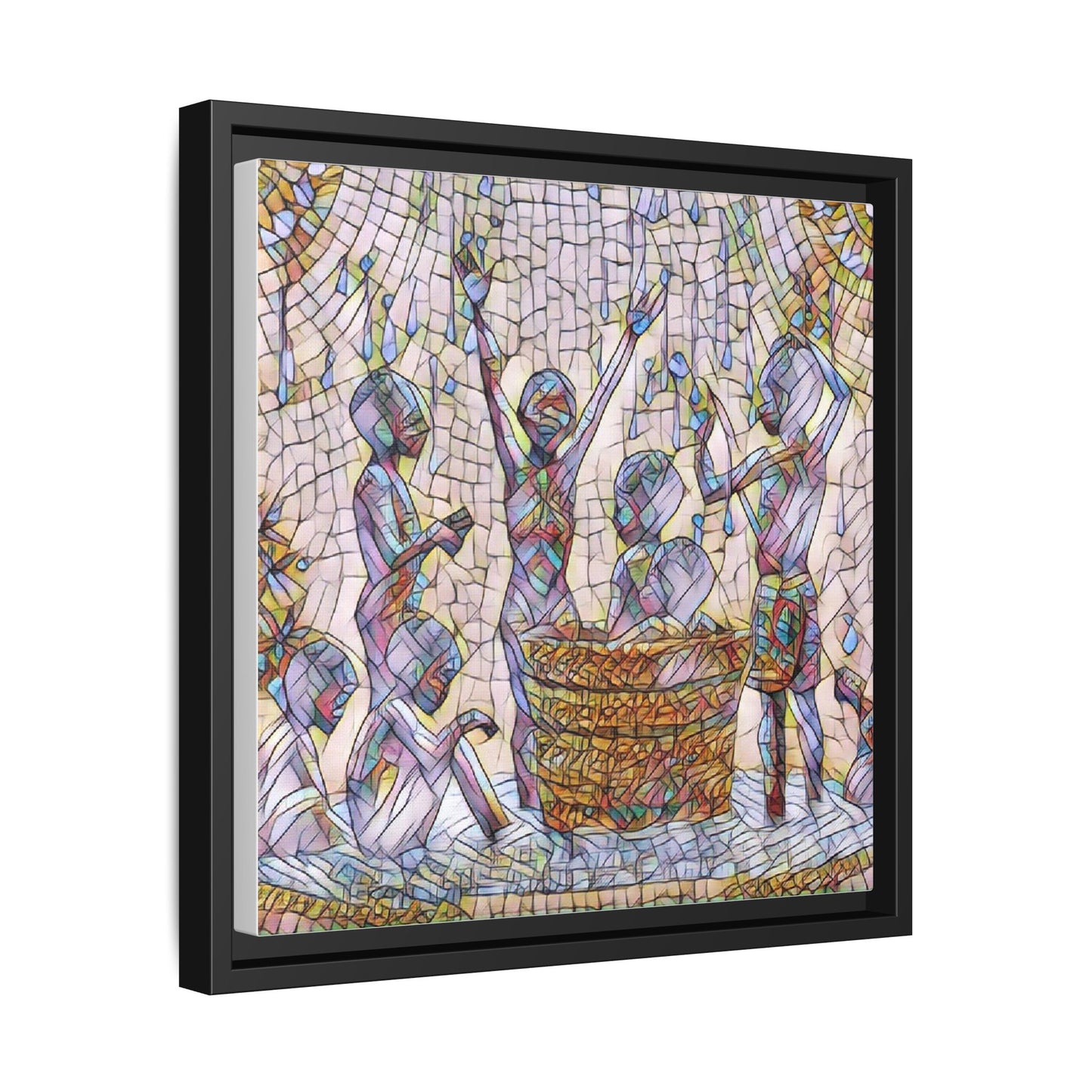 Framed Matte Canvas Art — Children Playing Mosaic Illustration