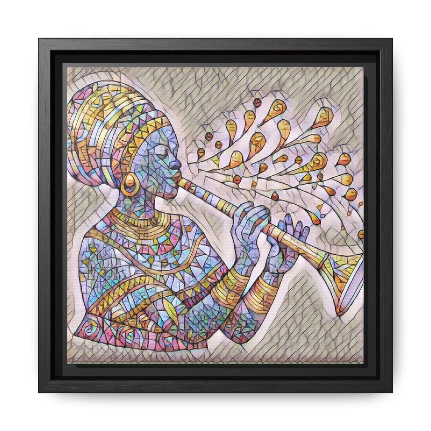 Framed Matte Canvas Art – Colorful African Musician Trumpet Print