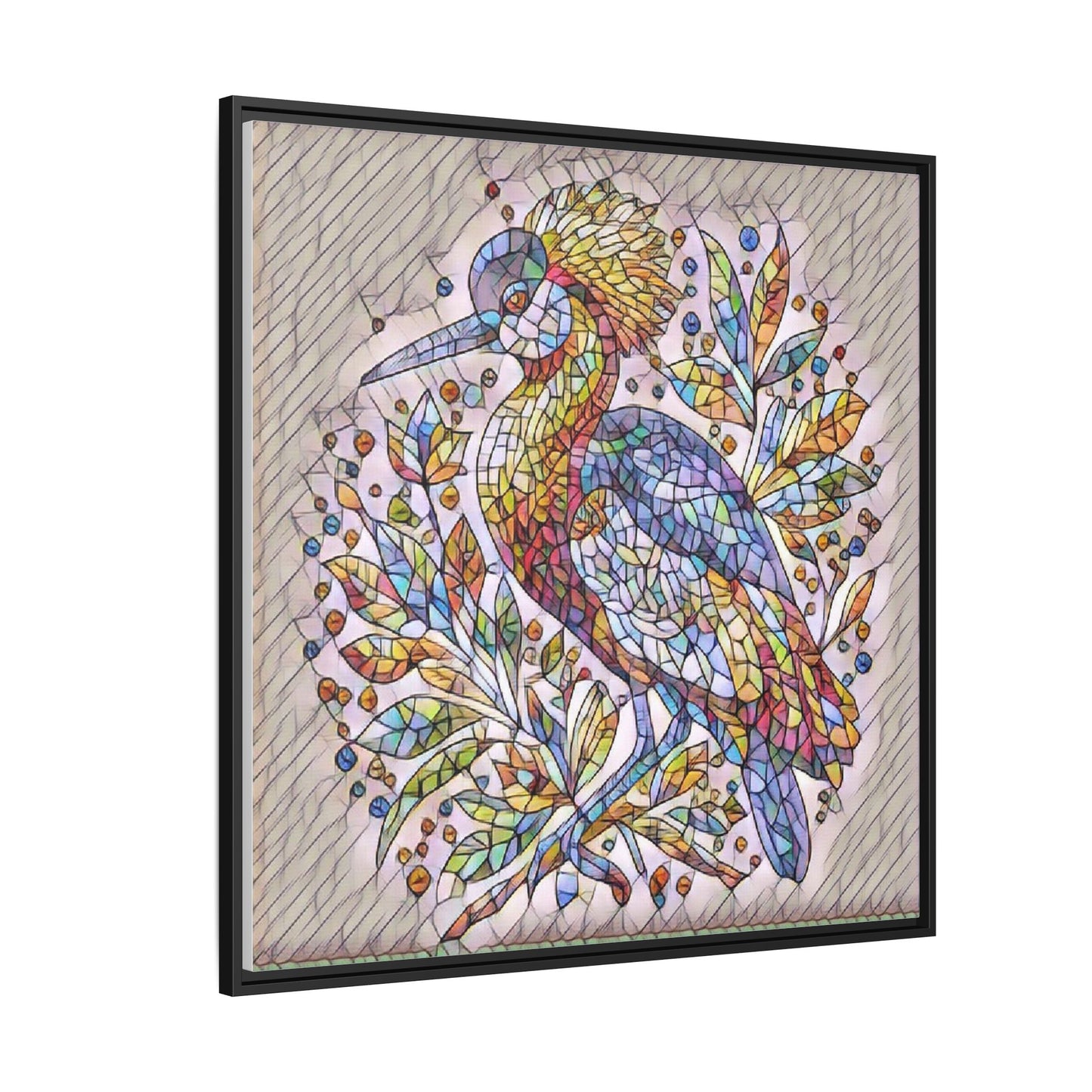 Colorful Stained-Glass Heron — Framed Matte Canvas Wall Art