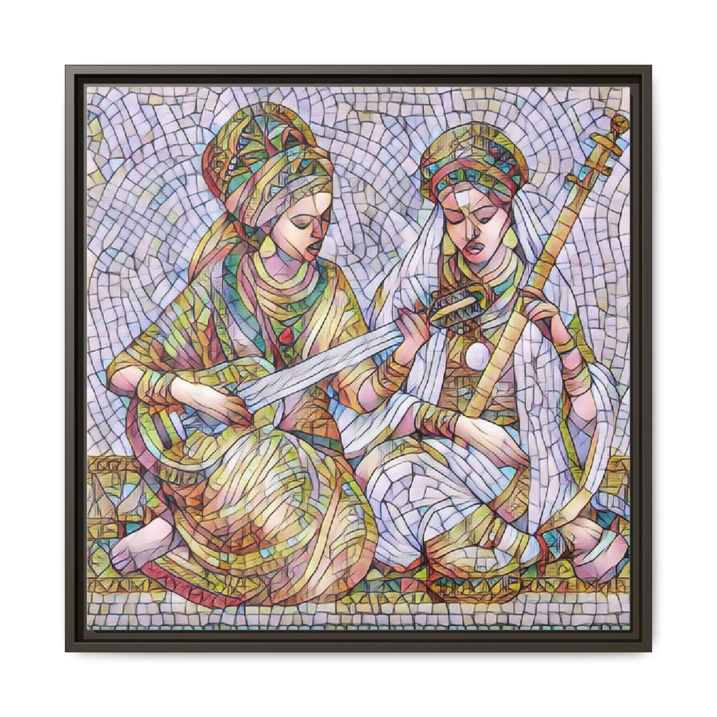 Framed Mosaic Art Print — Two Women Playing Lutes (Matte Canvas)