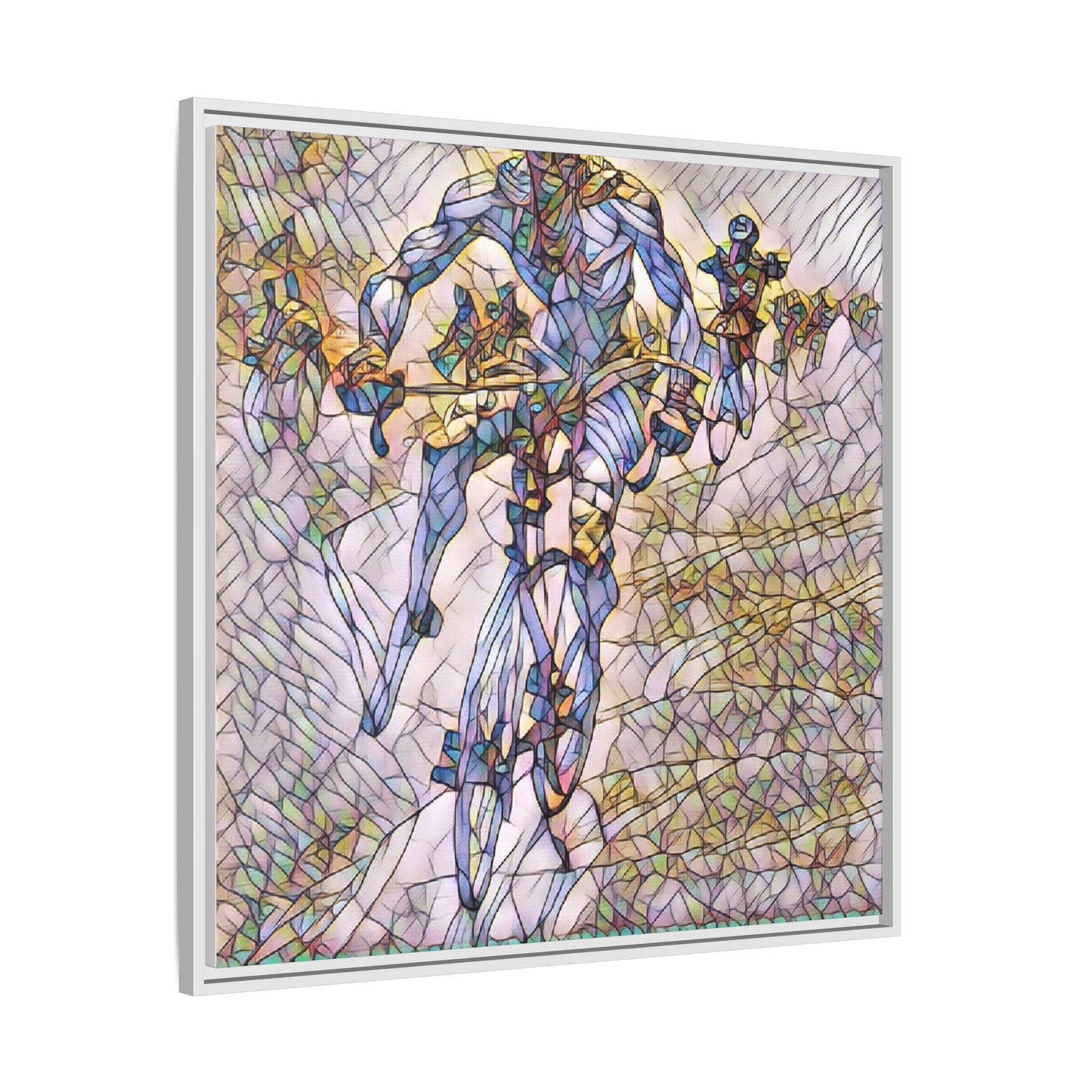 Abstract Cyclist Matte Canvas Framed Art — Colorful Stained-Glass Bike Print