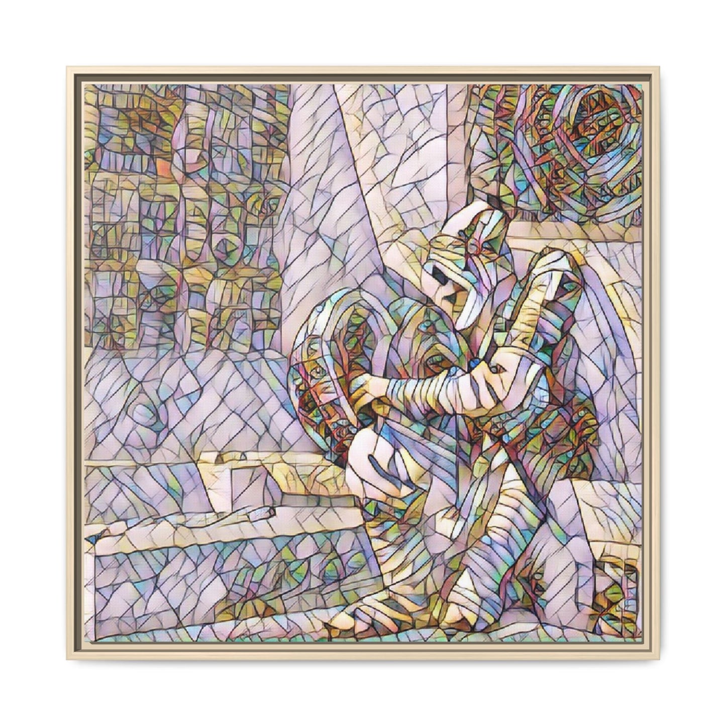 Framed Matte Canvas Art — Colorful Stained-Glass Astronaut Embrace
