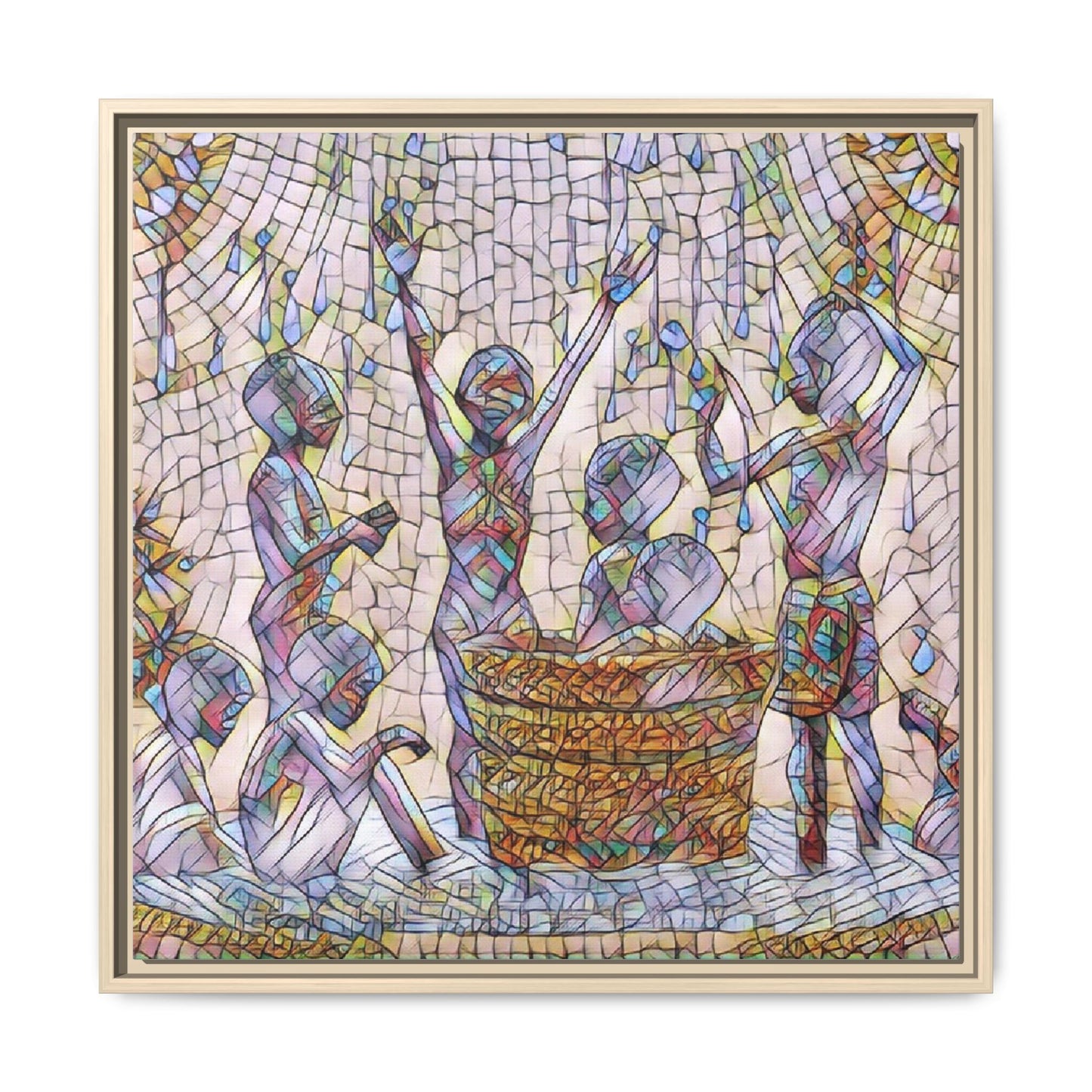 Framed Matte Canvas Art — Children Playing Mosaic Illustration