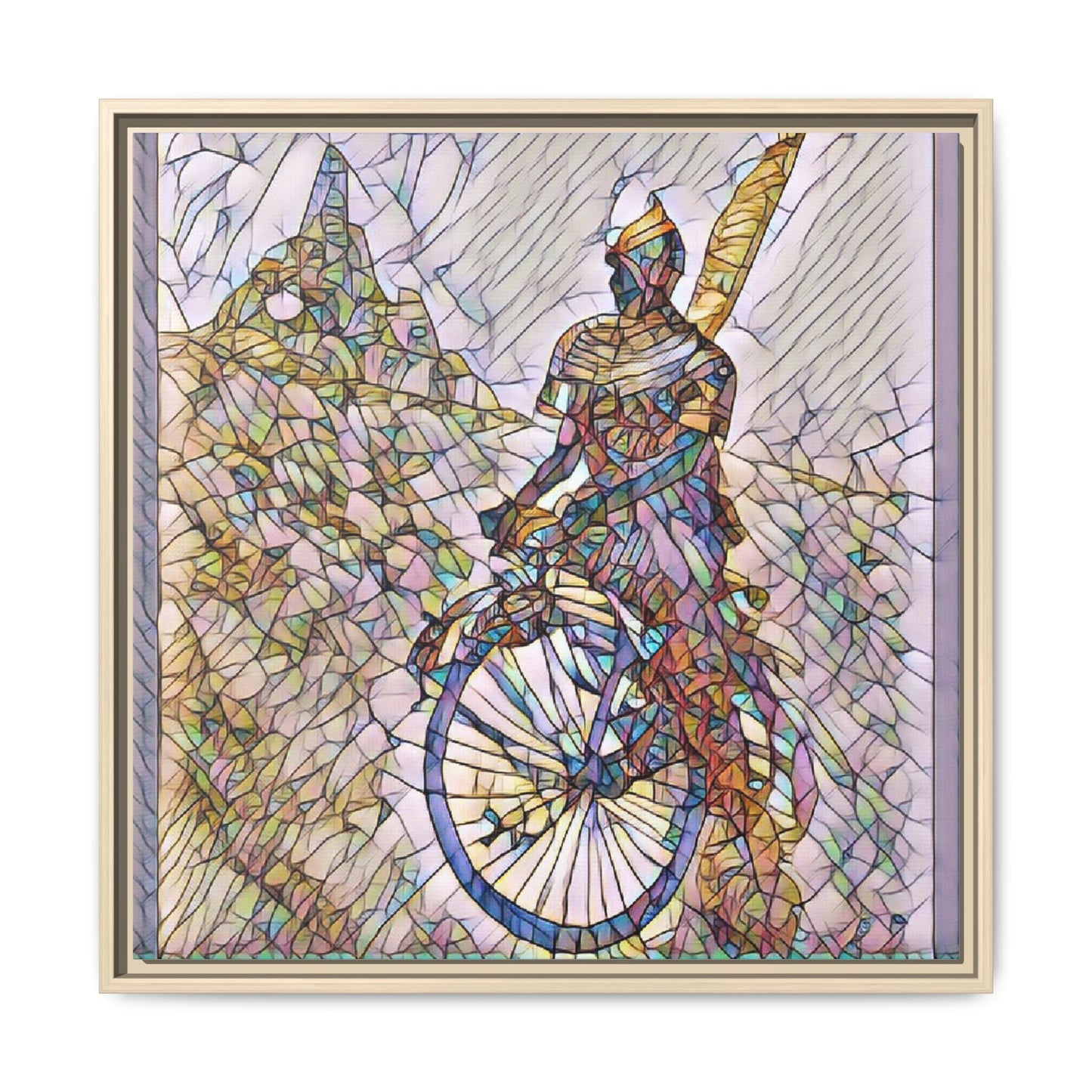 Cyclist Stained Glass Art Print — Framed Matte Canvas