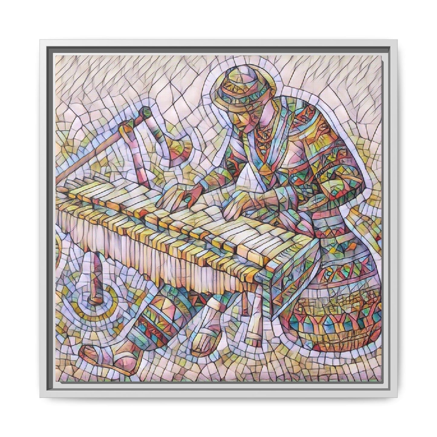 Framed Canvas Art - Colorful Mosaic Vibraphone Musician Print