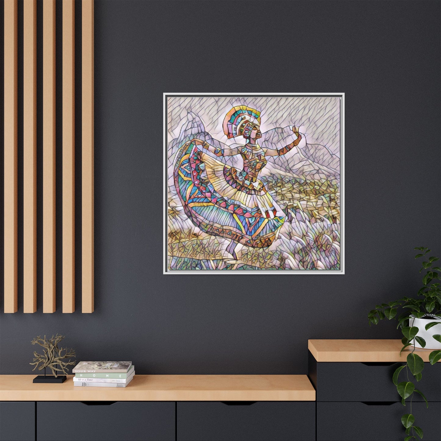Ballerina Mosaic Framed Canvas Print — Colorful Ethnic Dance Wall Art