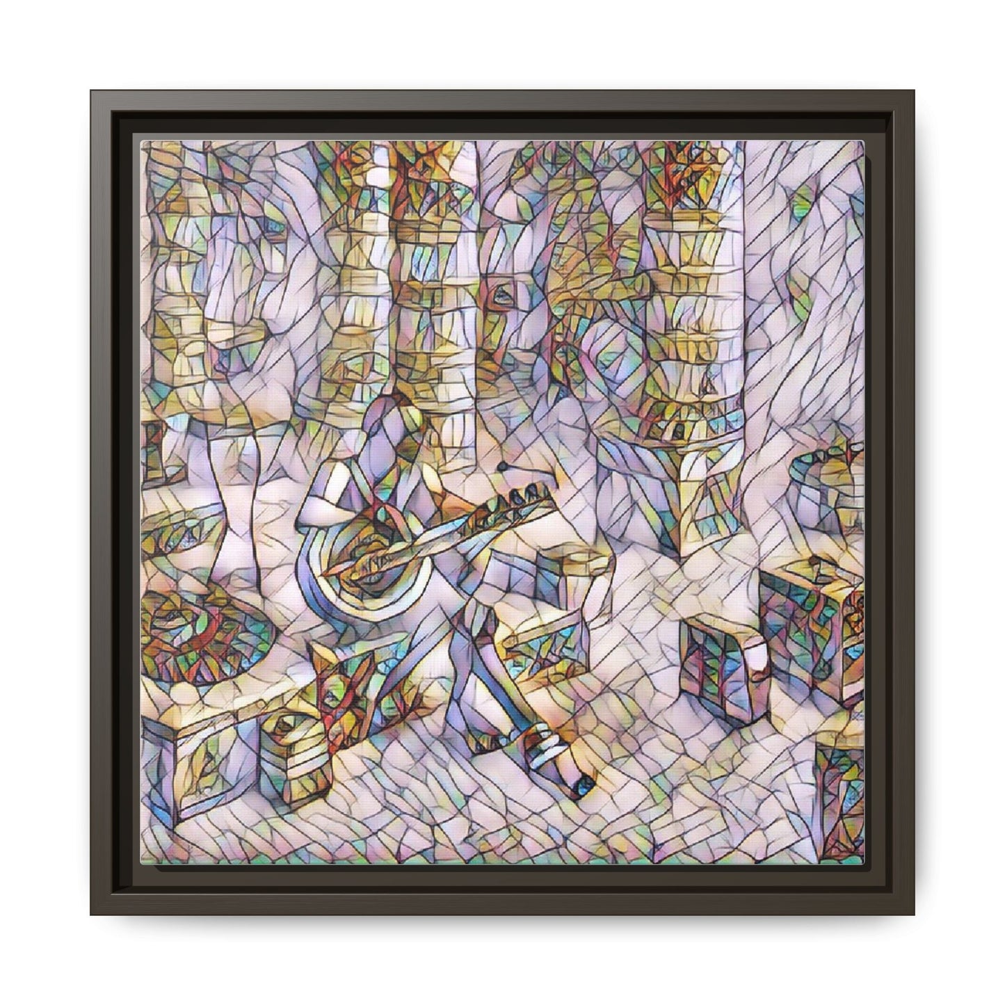Framed Matte Canvas Art - Abstract Guitarist in Colorful Mosaic