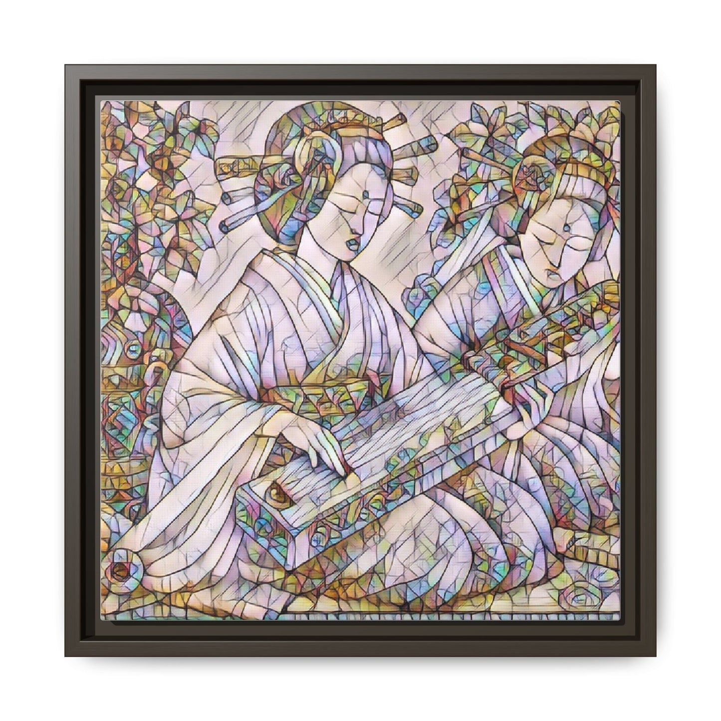Framed Matte Canvas Print — Stained-Glass Geisha Duo