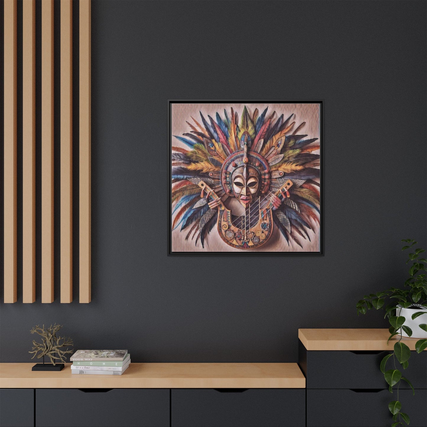 Tribal Feather Mask Guitar Framed Canvas Art — Colorful Boho Wall Decor