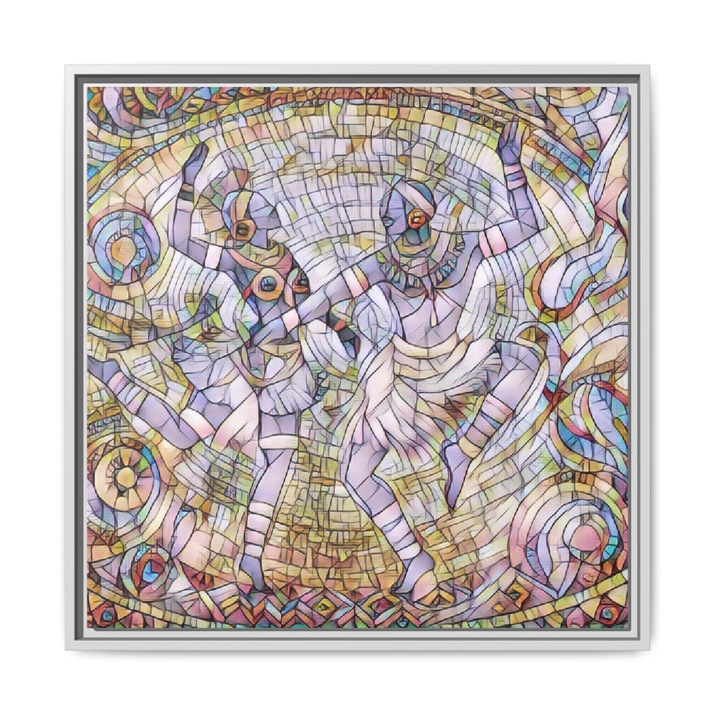Abstract Dancers Matte Framed Canvas Wall Art — Multi‑Color Stained Glass Style