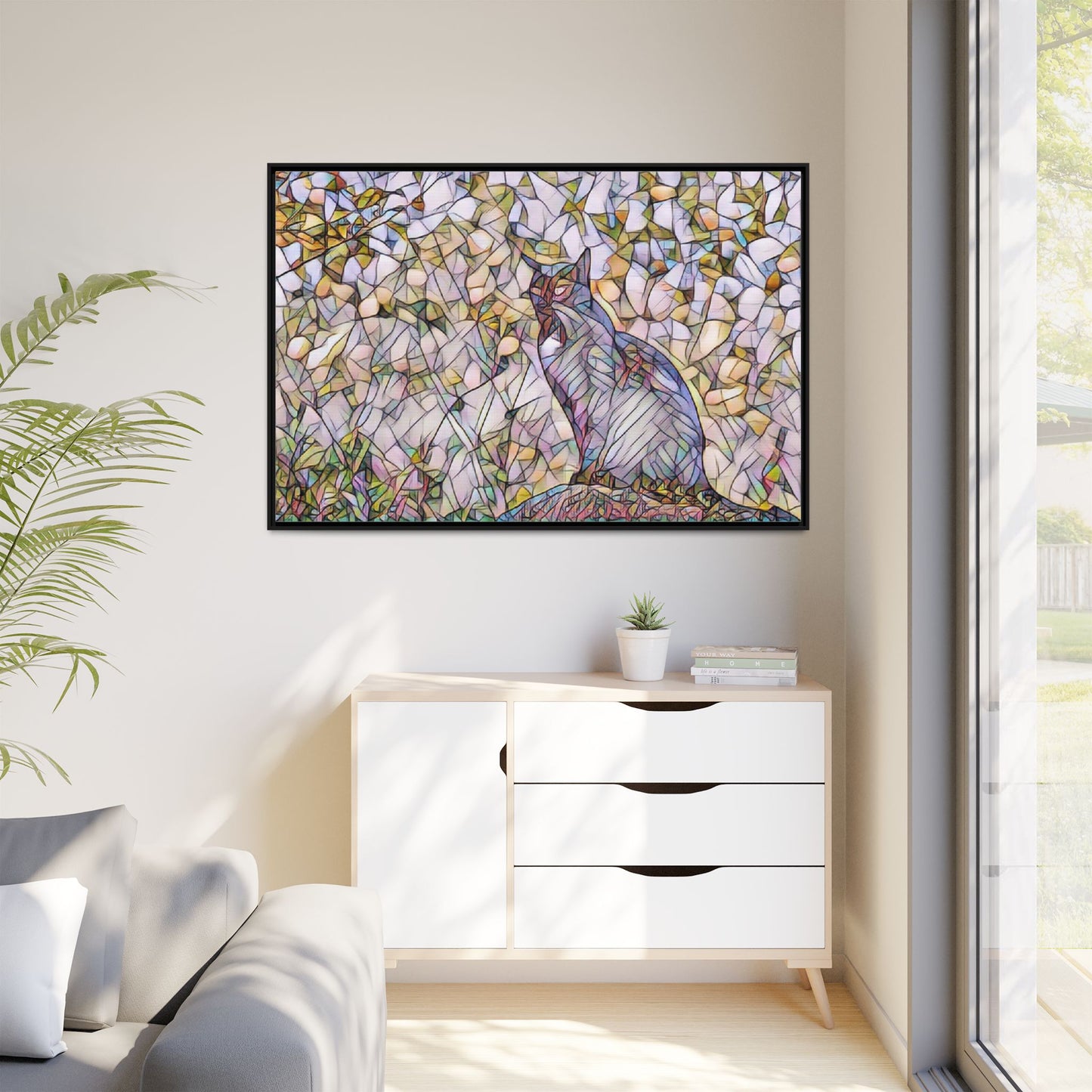 Framed Canvas Art - Stained Glass Heron Nature Print