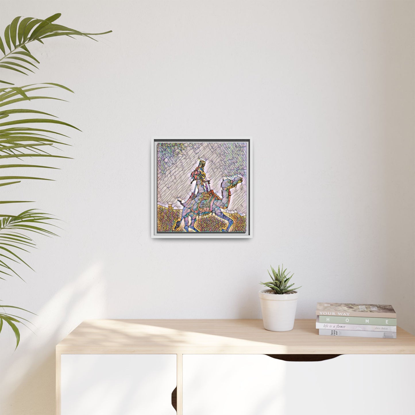 Framed Camel Rider Matte Canvas Art — Colorful Mosaic Desert Wall Decor
