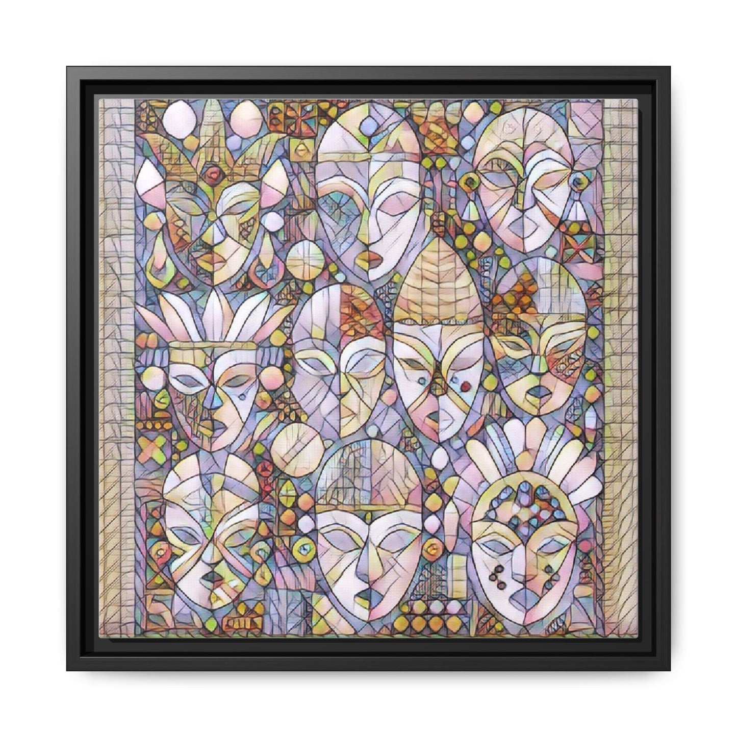 Framed Abstract Mask Art Canvas — Multicolor Stained-Glass Faces Wall Decor