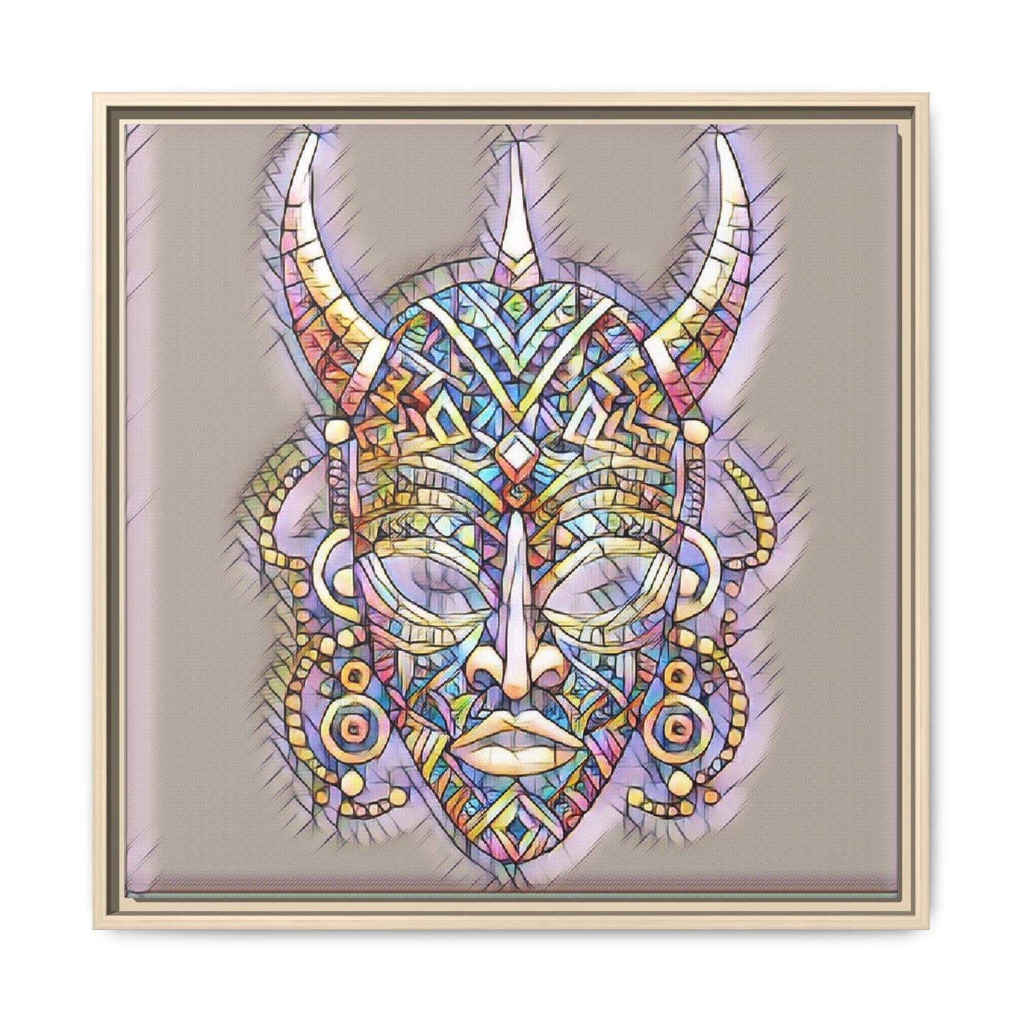 Colorful Tribal Mask Framed Canvas Art — Abstract Ethnic Wall Decor