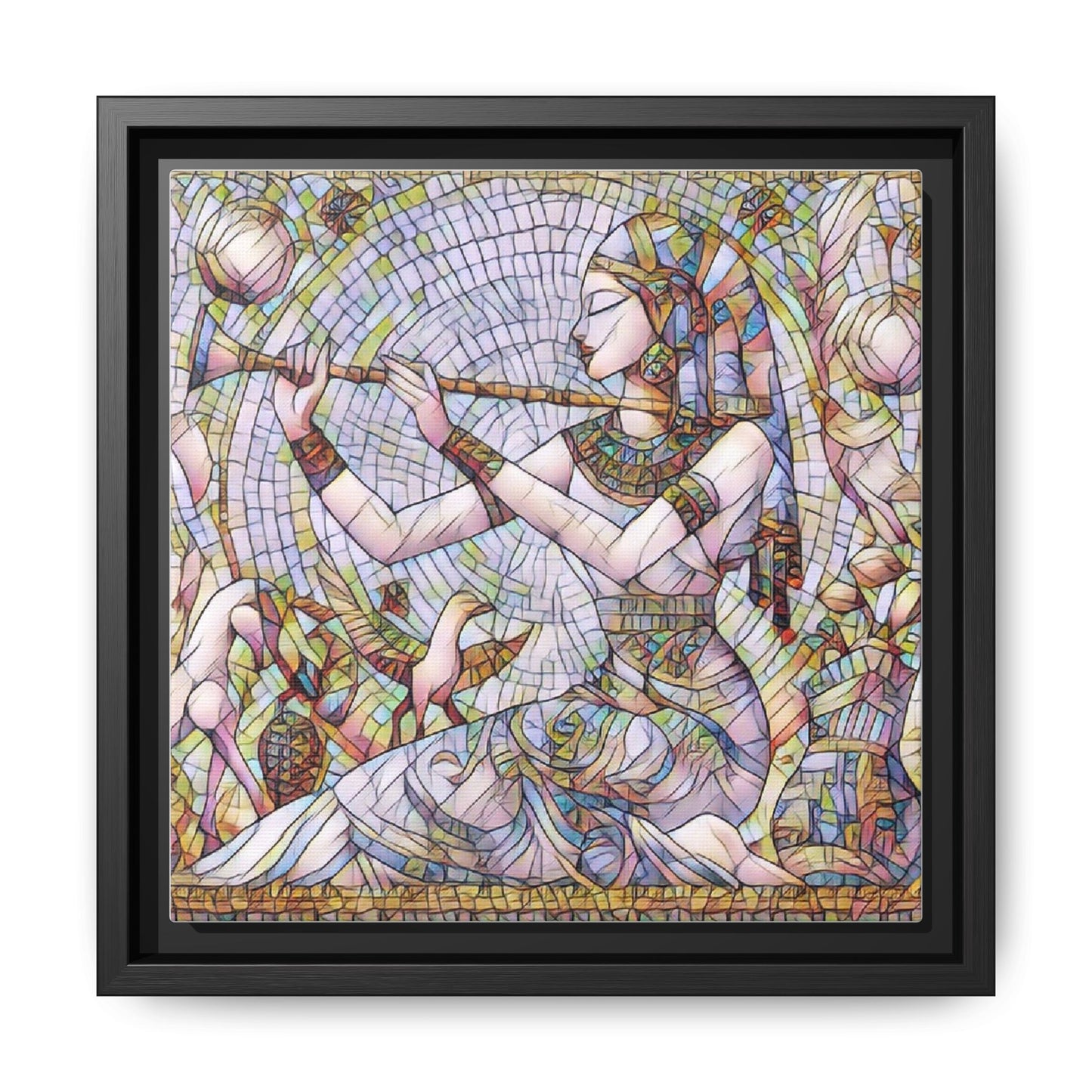 Egyptian Flute Player Framed Canvas Art — Colorful Mosaic Wall Decor