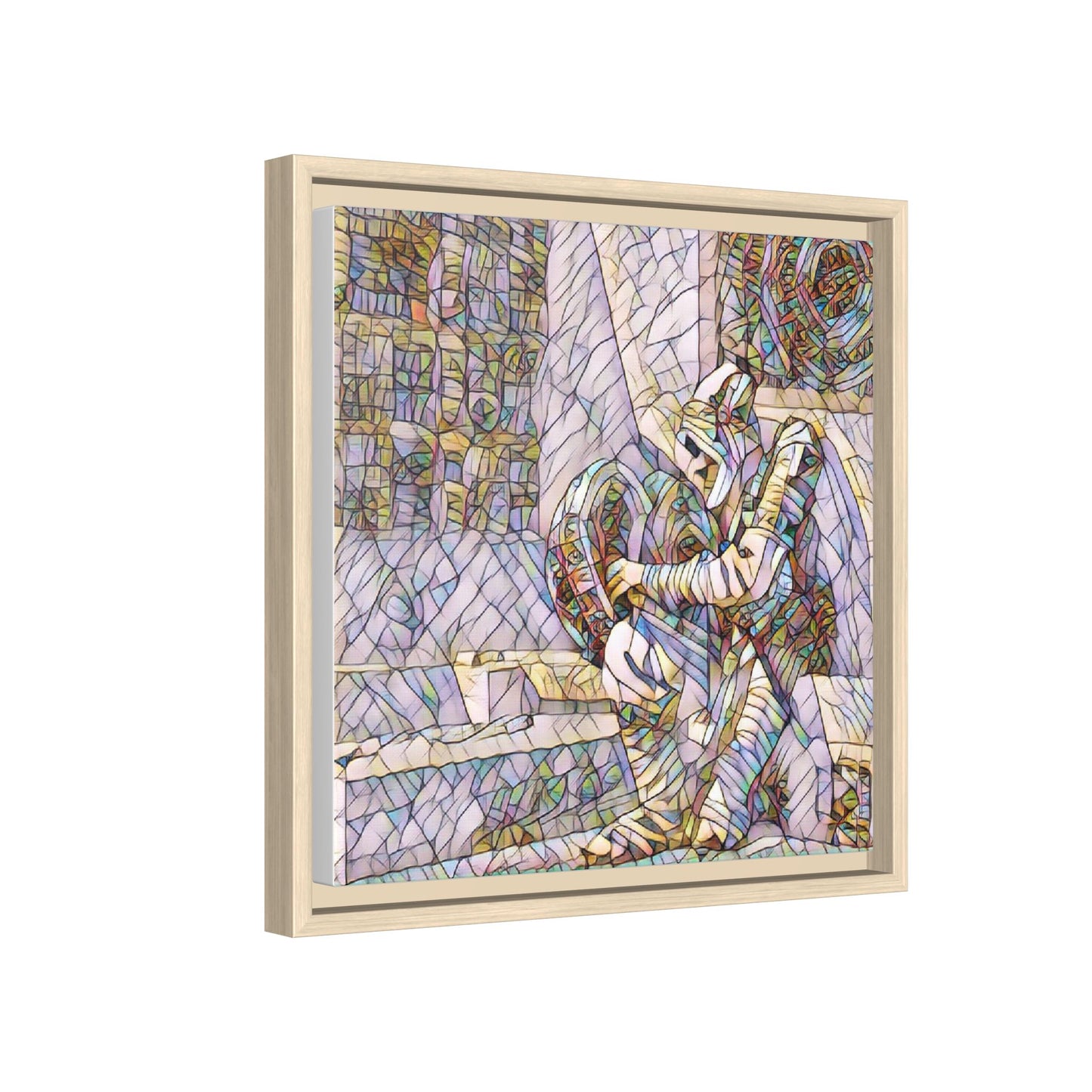 Framed Matte Canvas Art — Colorful Stained-Glass Astronaut Embrace