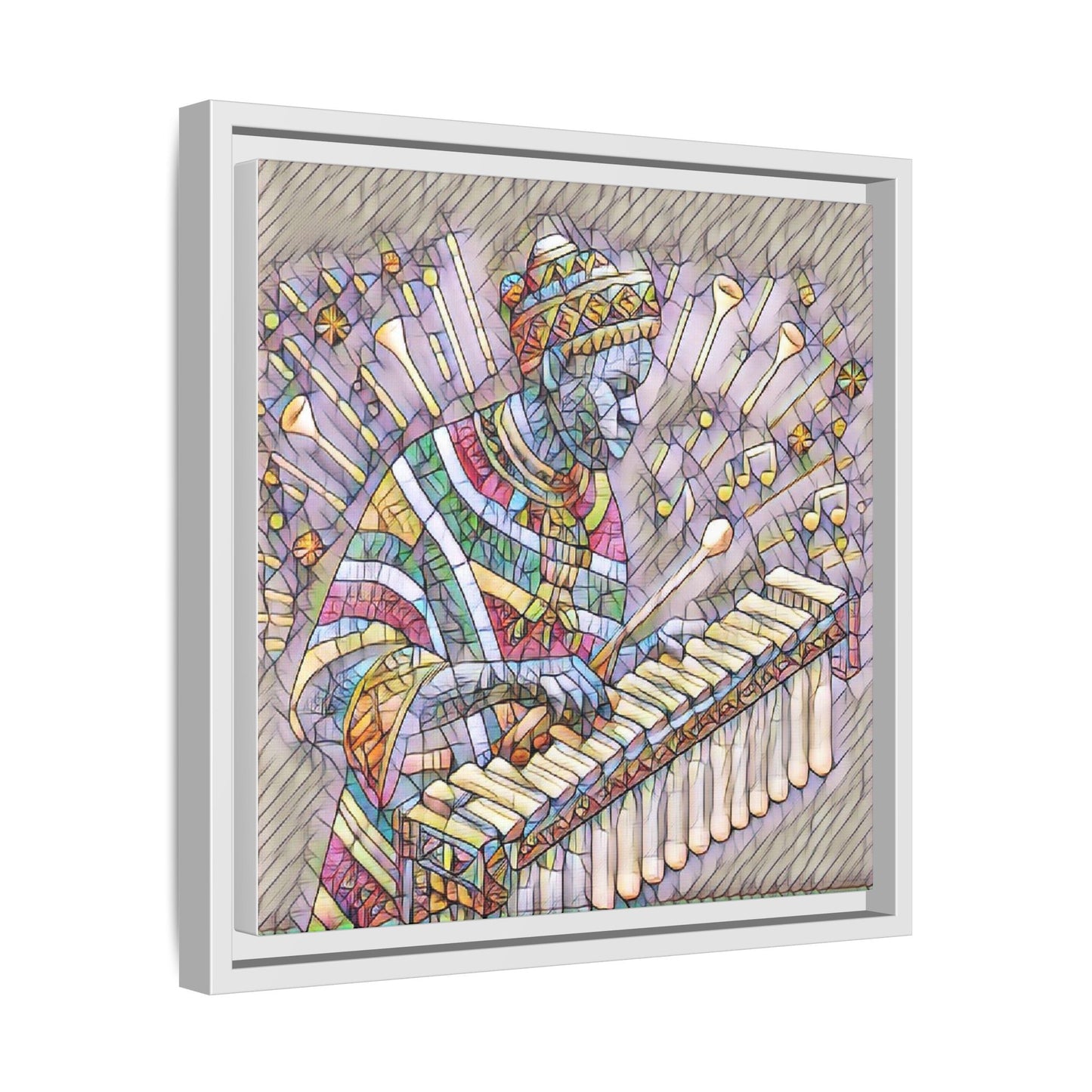Colorful Marimba Musician Matte Framed Canvas — Vibrant African Instrument Wall Art