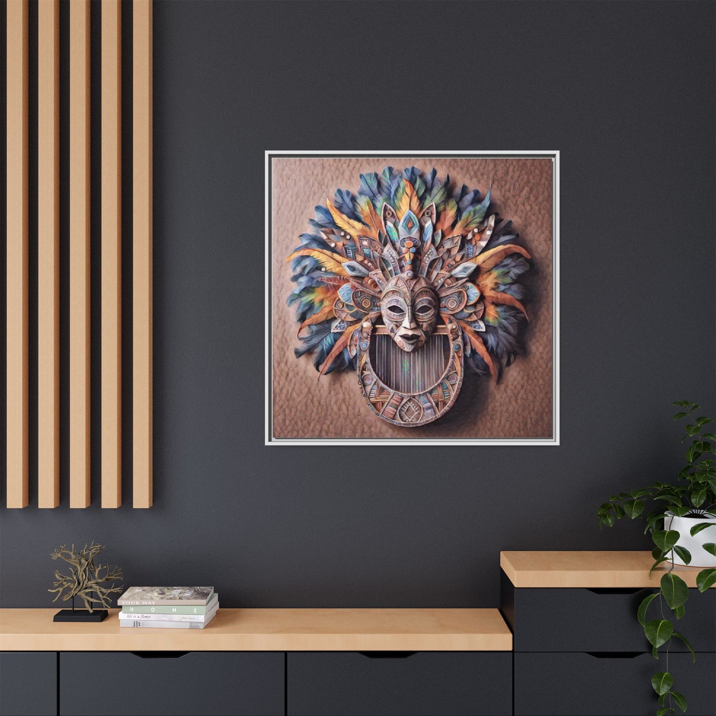 Tribal Feather Mask Framed Canvas Wall Art — Colorful Boho Decorative Print
