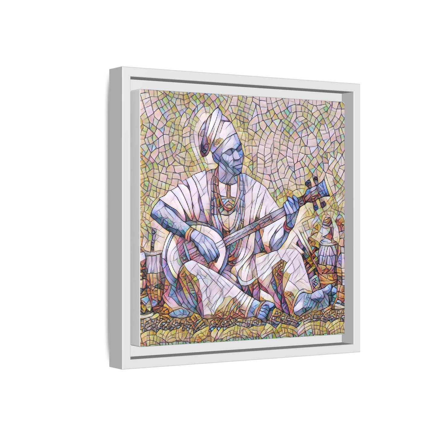 Framed Mosaic Musician Canvas Art — African Griot with Kora