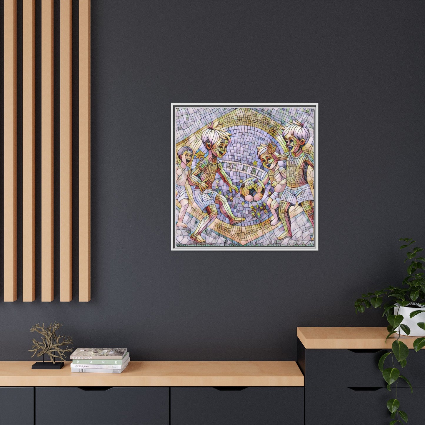 Framed Matte Canvas – Vintage Mosaic Kids Playing Soccer Art