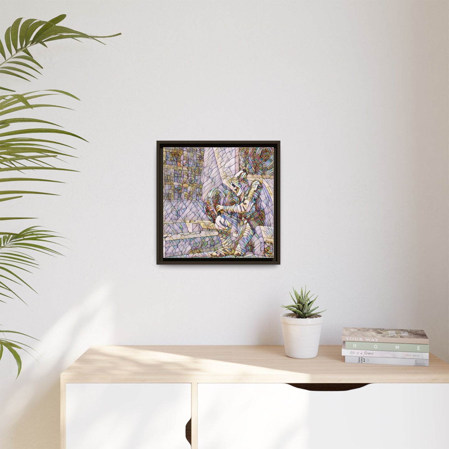 Framed Matte Canvas Art — Colorful Stained-Glass Astronaut Embrace