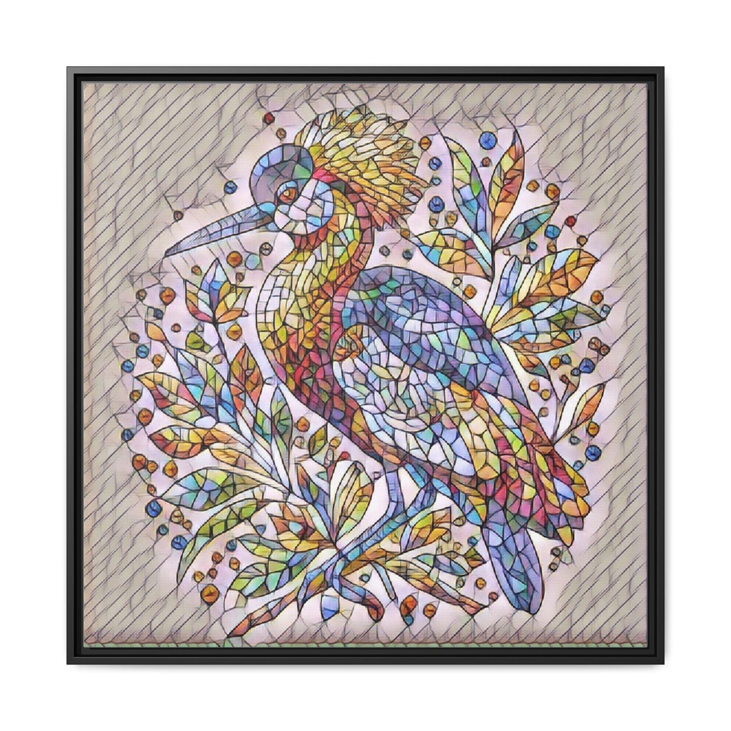 Colorful Stained-Glass Heron — Framed Matte Canvas Wall Art