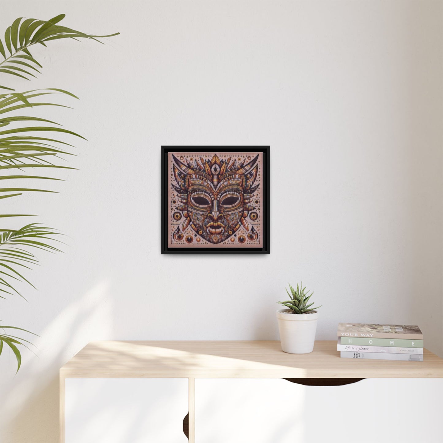 Tribal Mask Framed Canvas Art — Multicolor Matte Wall Decor