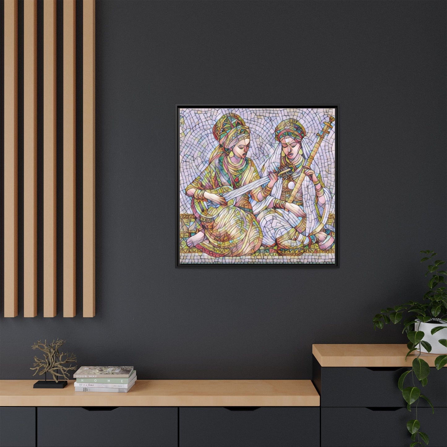 Framed Mosaic Art Print — Two Women Playing Lutes (Matte Canvas)