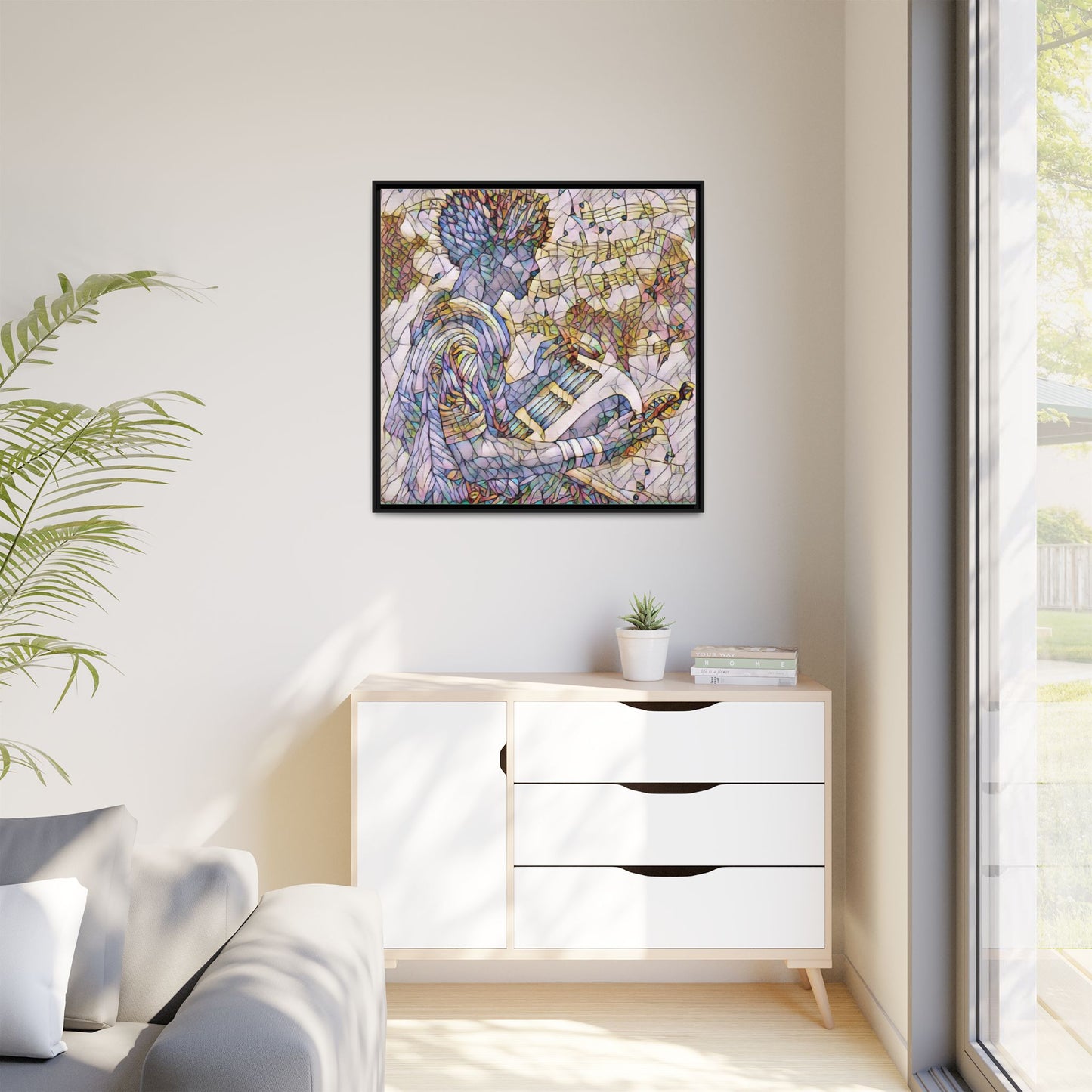 Abstract Jazz Musician Framed Canvas Art — Colorful Stained-Glass Style Wall Decor