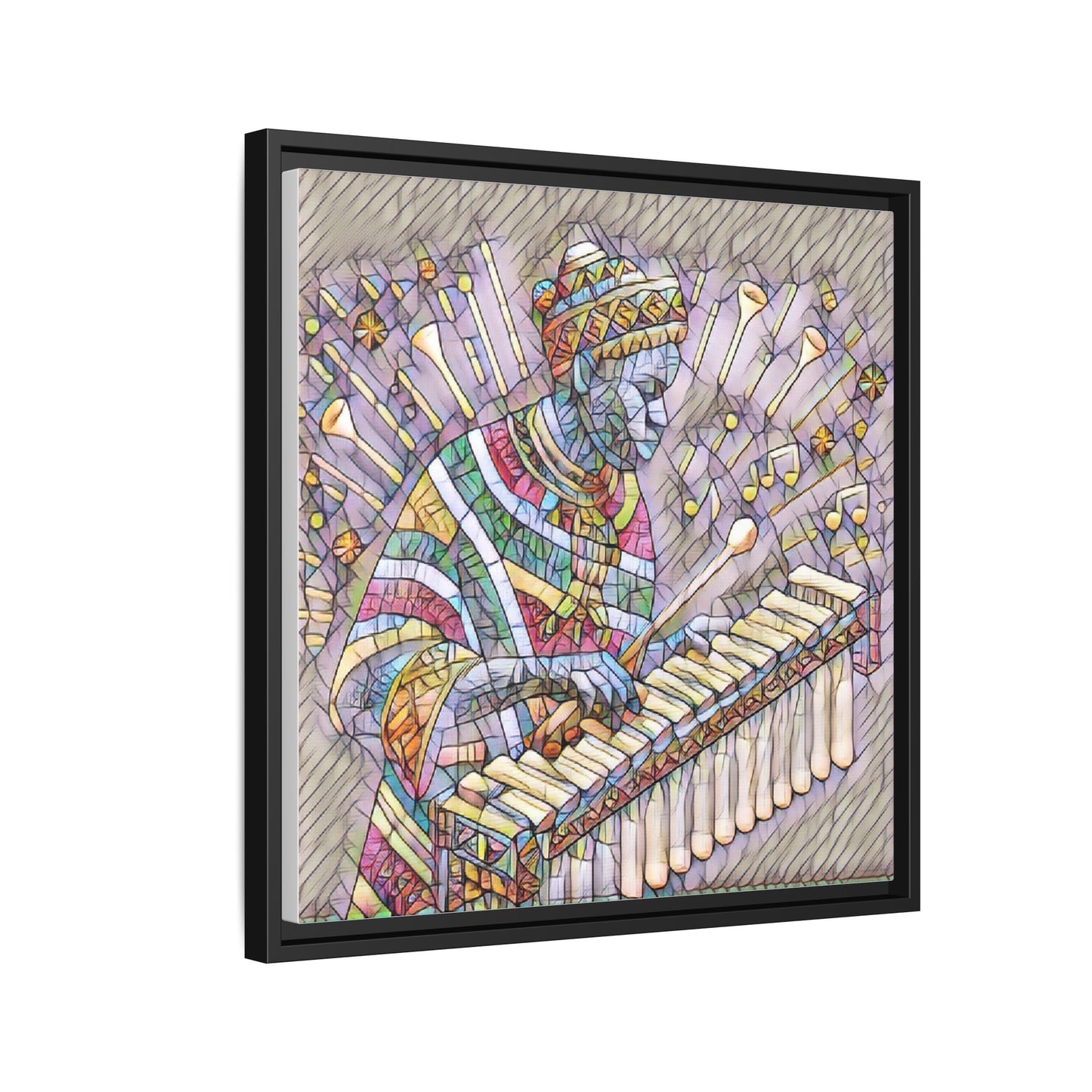 Colorful Marimba Musician Matte Framed Canvas — Vibrant African Instrument Wall Art