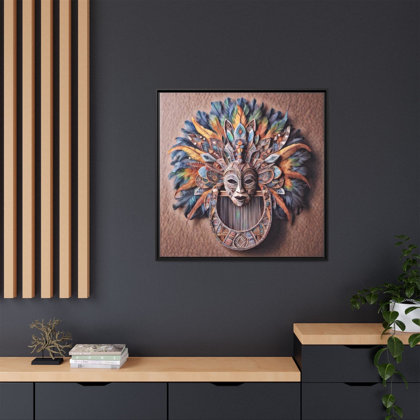 Tribal Feather Mask Framed Canvas Wall Art — Colorful Boho Decorative Print